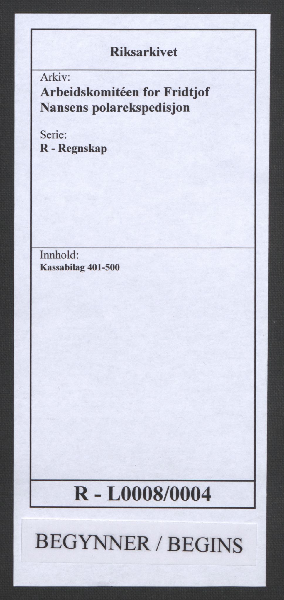 Arbeidskomitéen for Fridtjof Nansens polarekspedisjon, AV/RA-PA-0061/R/L0008/0004: Regnskapsbilag nr. 1-554 / Kassabilag 401-500, 1892-1893, p. 1