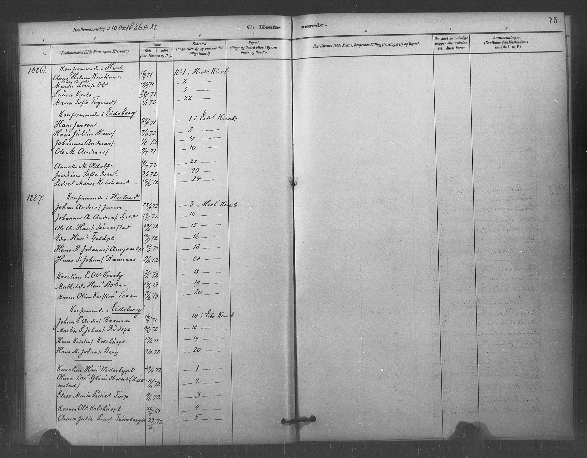 Eidsberg prestekontor Kirkebøker, AV/SAO-A-10905/F/Fc/L0001: Parish register (official) no. III 1, 1879-1905, p. 75