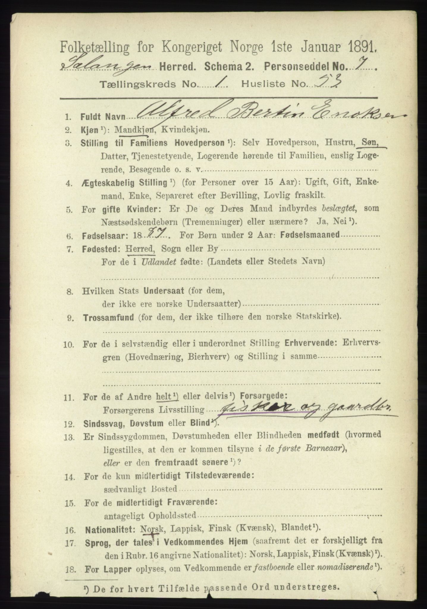 RA, 1891 census for 1921 Salangen, 1891, p. 457