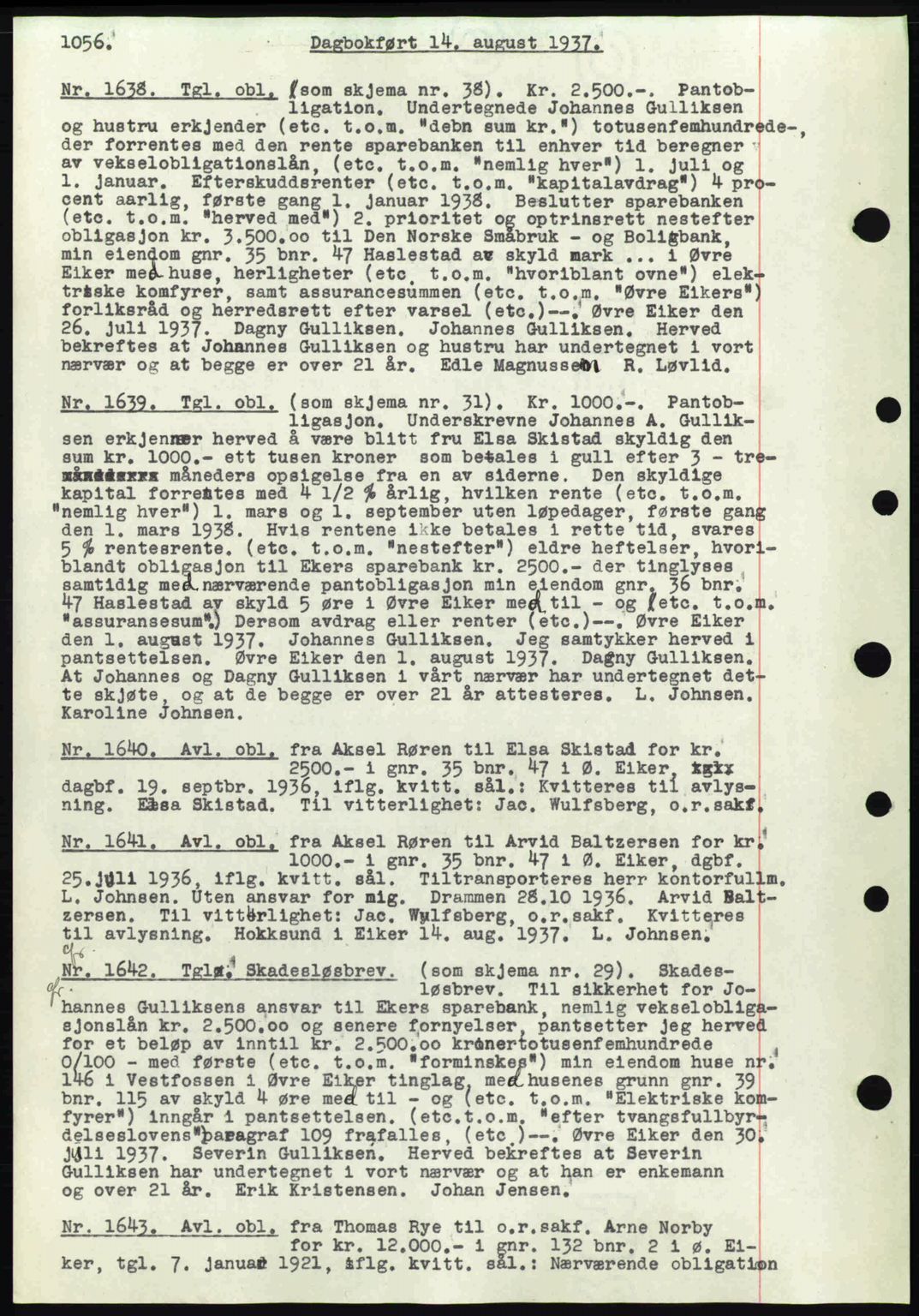 Eiker, Modum og Sigdal sorenskriveri, SAKO/A-123/G/Ga/Gab/L0035: Mortgage book no. A5, 1937-1937, Diary no: : 1638/1937