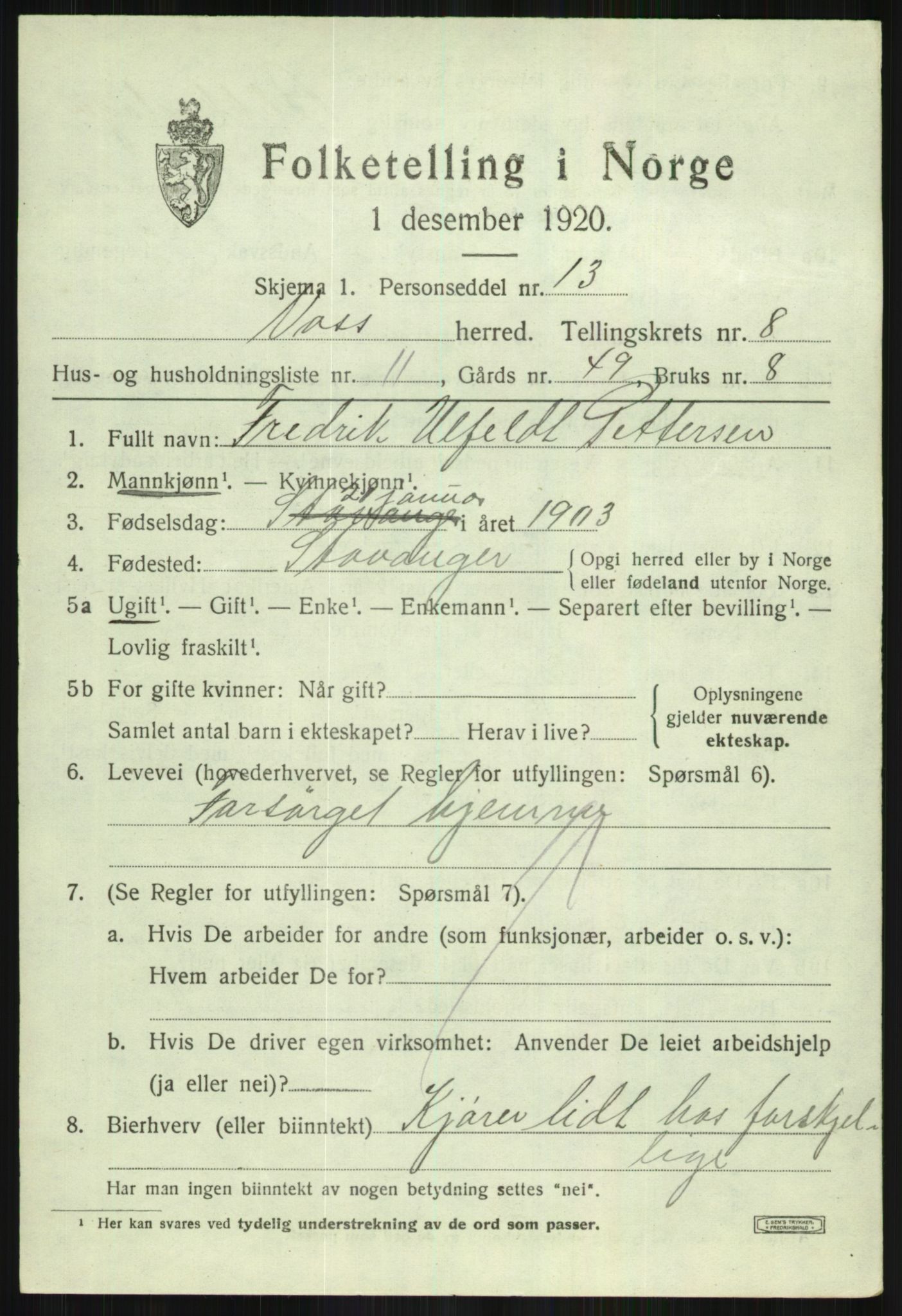 SAB, 1920 census for Voss, 1920, p. 7899