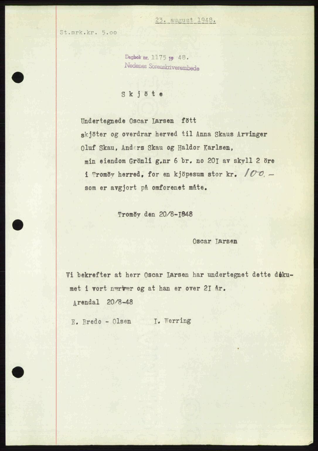 Nedenes sorenskriveri, SAK/1221-0006/G/Gb/Gba/L0059: Mortgage book no. A11, 1948-1948, Diary no: : 1175/1948