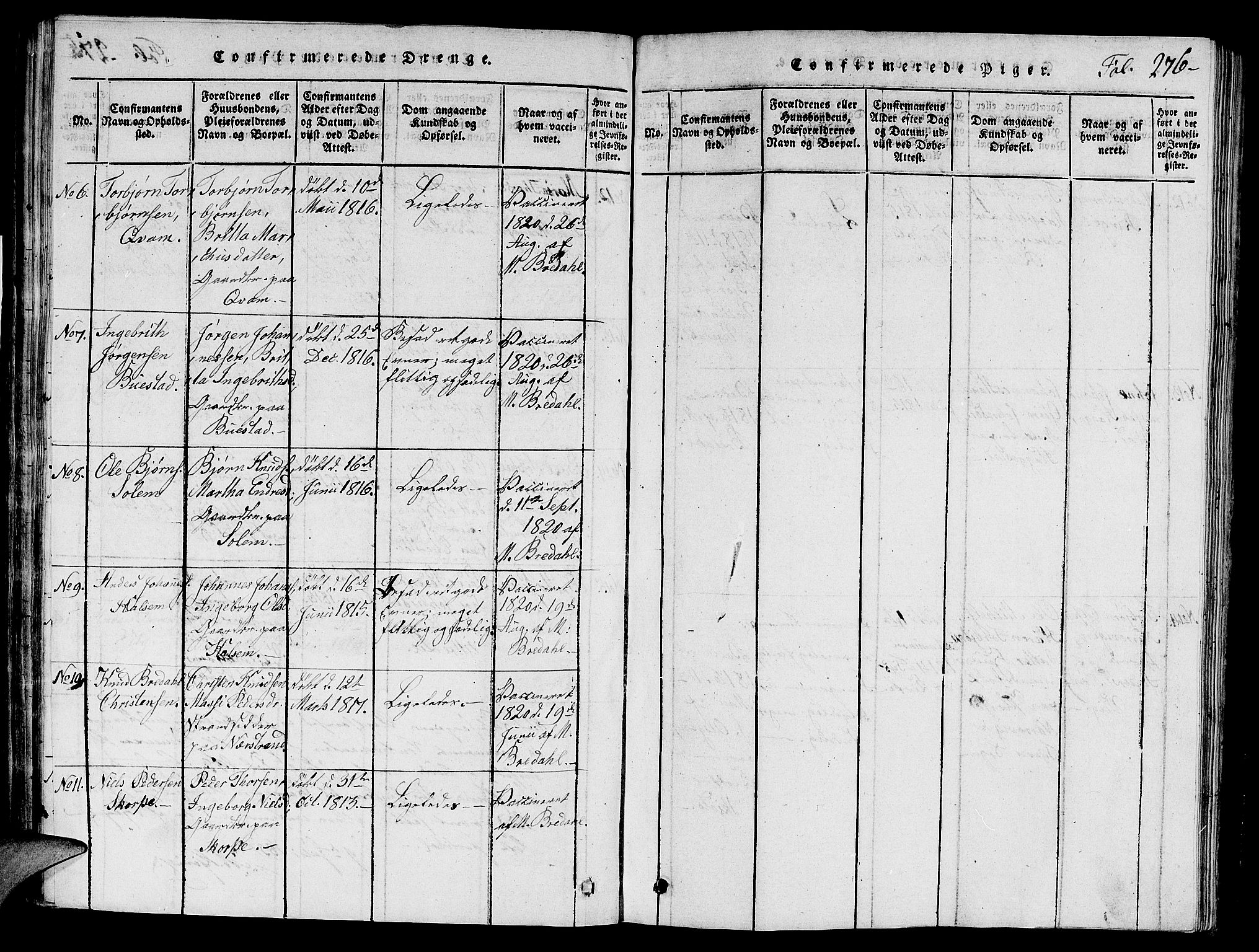 Nedstrand sokneprestkontor, AV/SAST-A-101841/01/V: Parish register (copy) no. B 1 /2, 1816-1847, p. 276