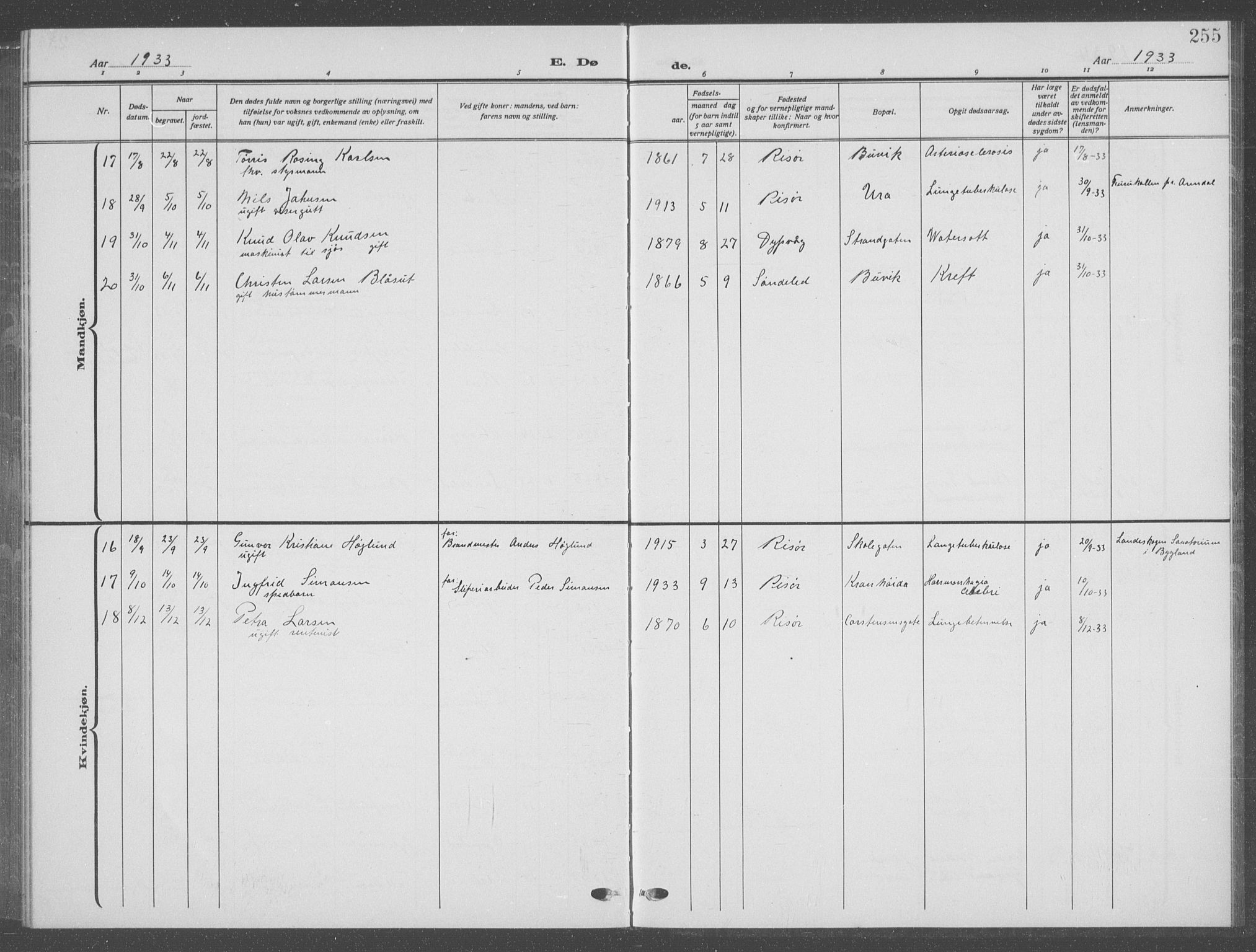 Risør sokneprestkontor, AV/SAK-1111-0035/F/Fb/L0009: Parish register (copy) no. B 9, 1922-1939, p. 255