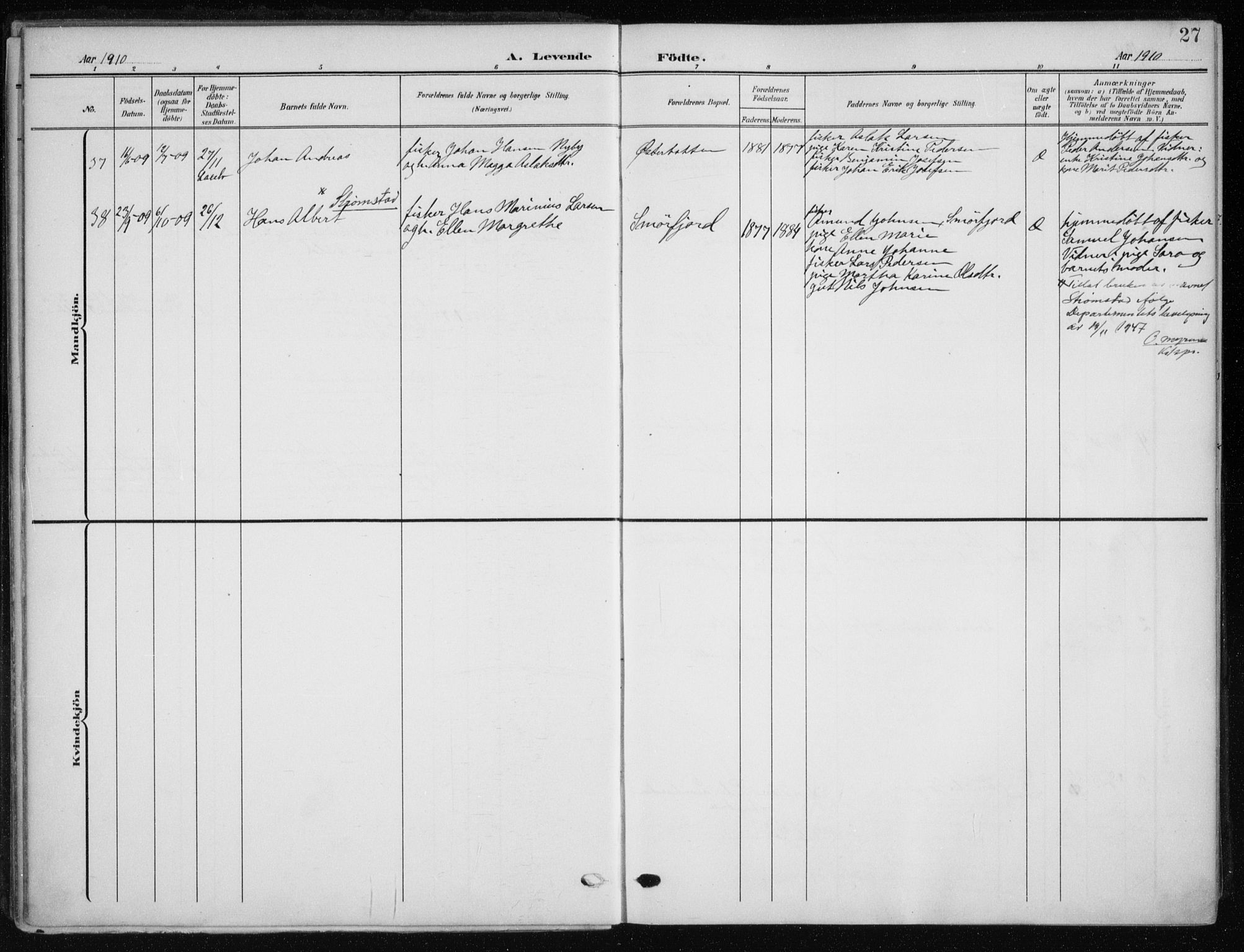 Kistrand/Porsanger sokneprestembete, AV/SATØ-S-1351/H/Ha/L0014.kirke: Parish register (official) no. 14, 1908-1917, p. 27