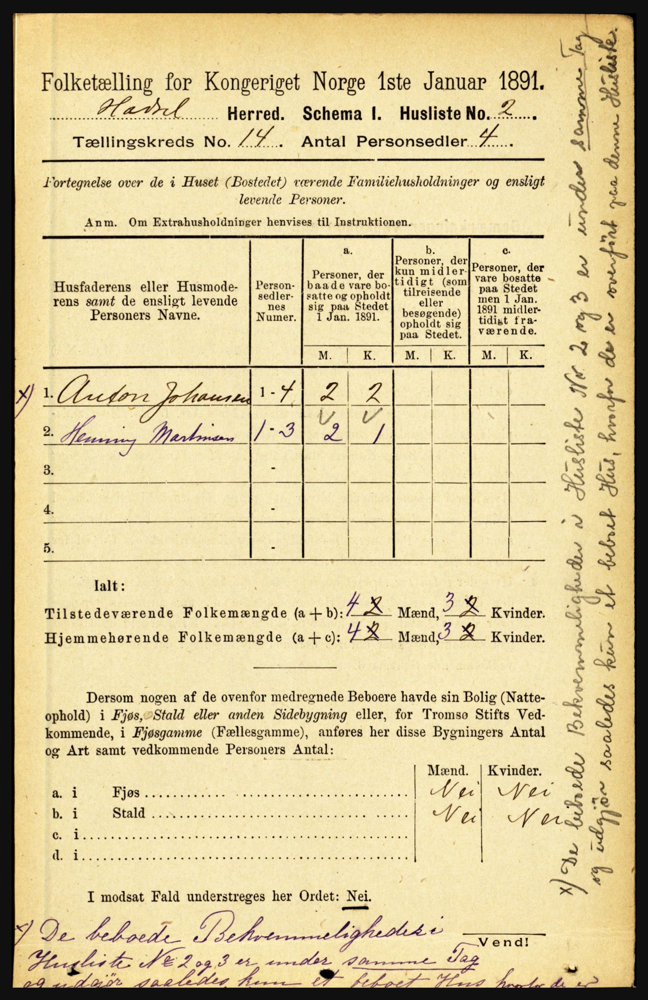 RA, 1891 census for 1866 Hadsel, 1891, p. 6255