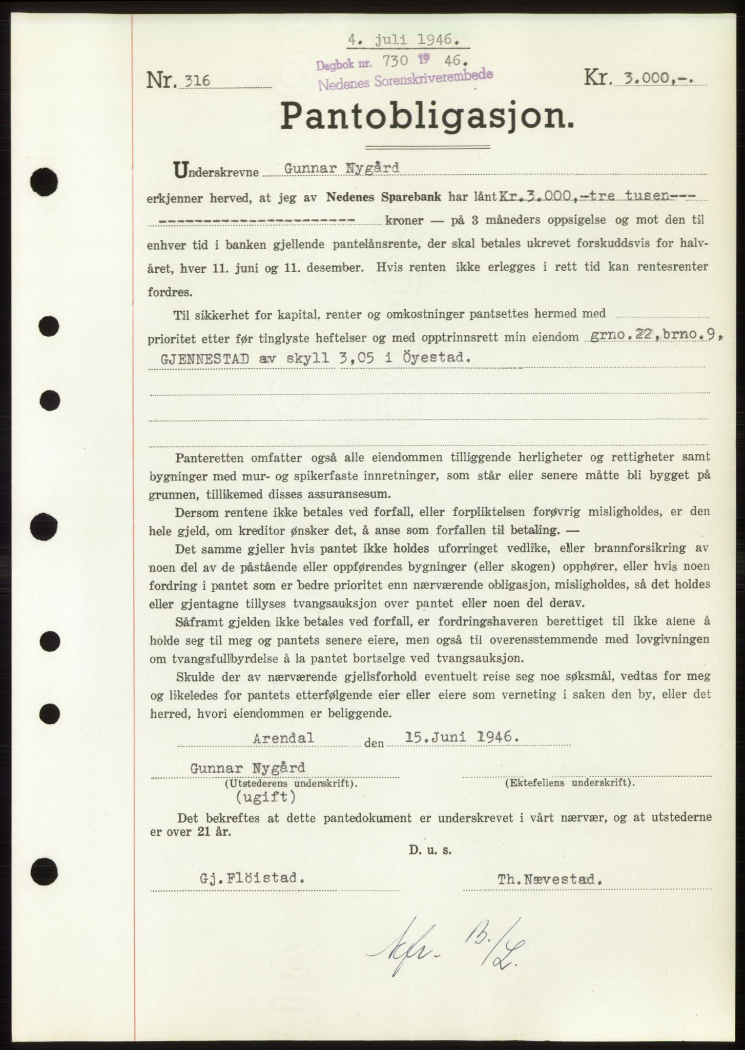 Nedenes sorenskriveri, SAK/1221-0006/G/Gb/Gbb/L0003: Mortgage book no. B3b, 1946-1946, Diary no: : 730/1946