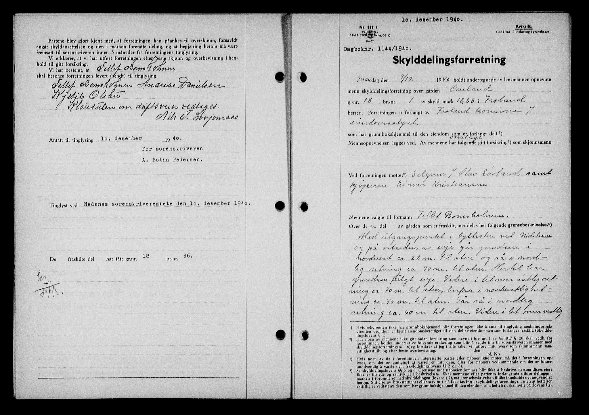 Nedenes sorenskriveri, AV/SAK-1221-0006/G/Gb/Gba/L0048: Mortgage book no. A-II, 1940-1941, Diary no: : 1144/1940