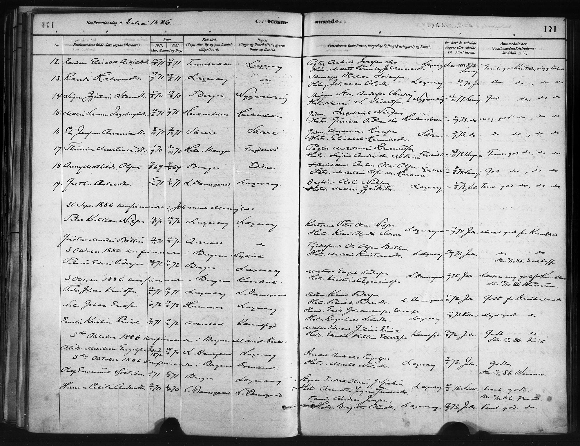 Askøy Sokneprestembete, AV/SAB-A-74101/H/Ha/Haa/Haae/L0002: Parish register (official) no. E 2, 1878-1891, p. 171