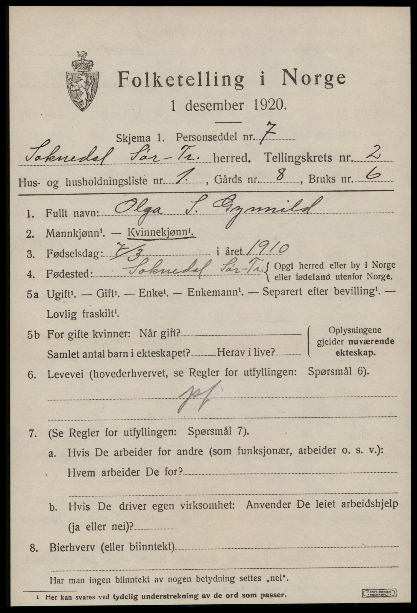 SAT, 1920 census for Soknedal, 1920, p. 1224