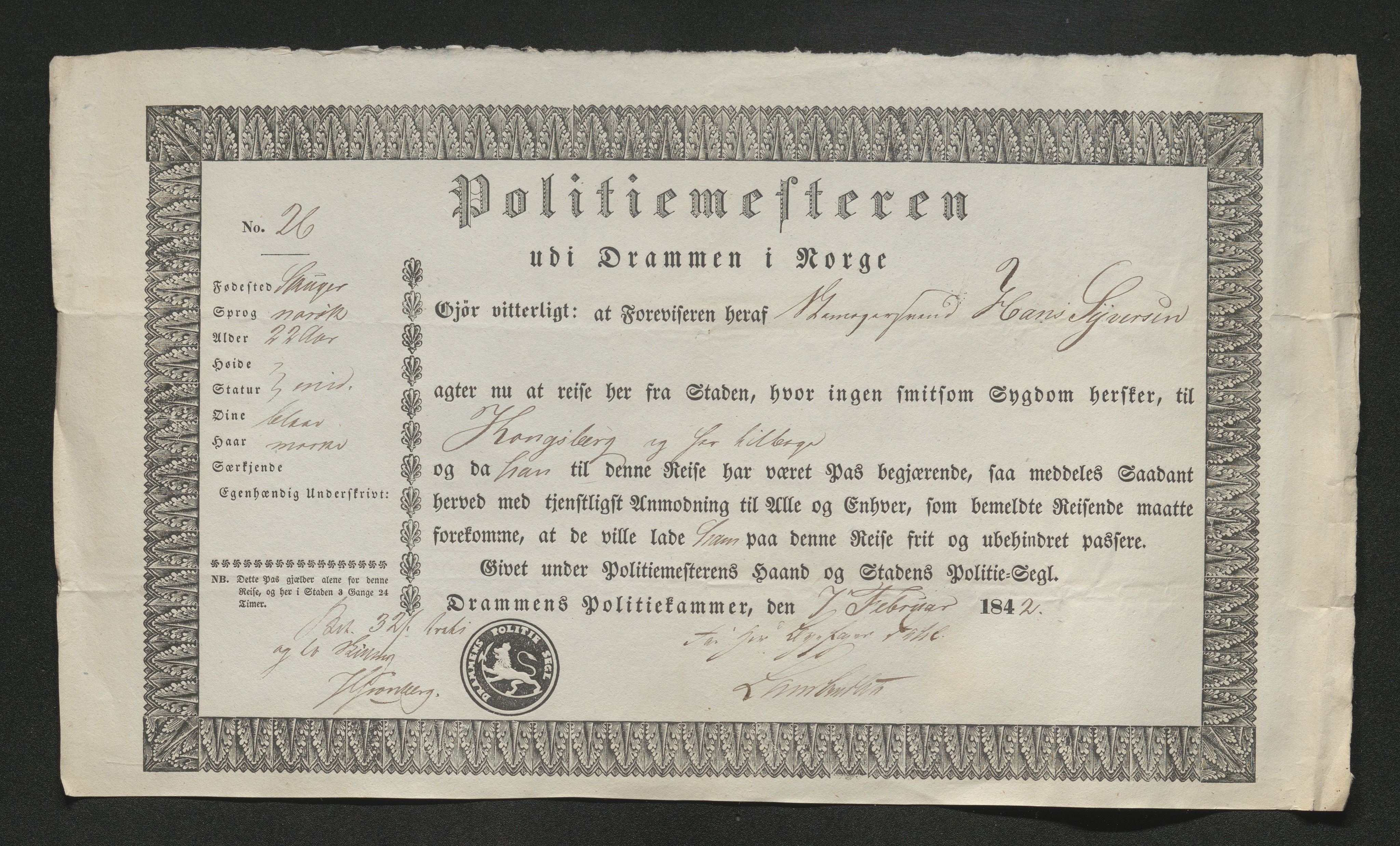 Drammen politikammer, SAKO/A-623/I/Ia/Iab/L0006: Innleverte pass, 1841-1842, p. 364