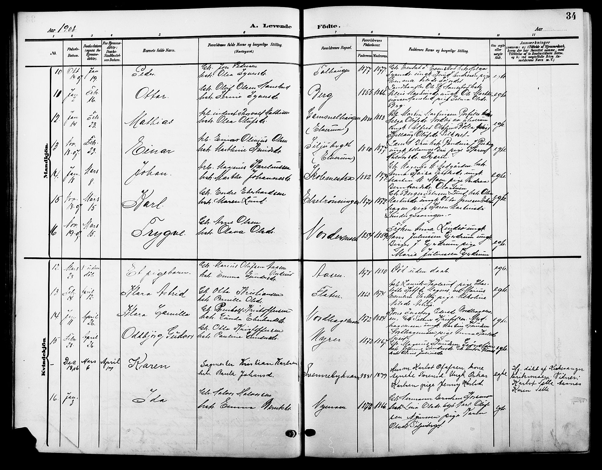 Våler prestekontor, Hedmark, AV/SAH-PREST-040/H/Ha/Hab/L0002: Parish register (copy) no. 2, 1905-1915, p. 34
