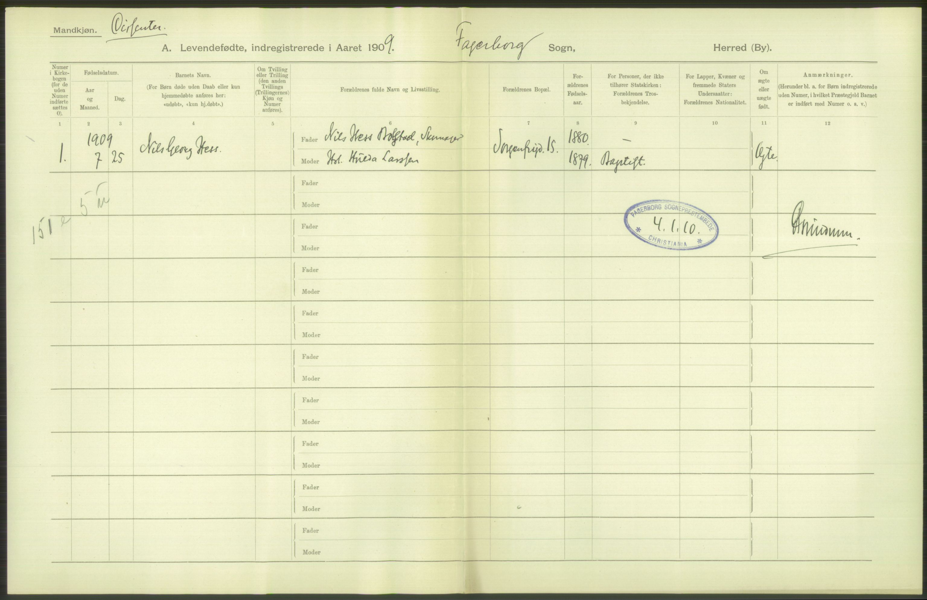 Statistisk sentralbyrå, Sosiodemografiske emner, Befolkning, RA/S-2228/D/Df/Dfa/Dfag/L0007: Kristiania: Levendefødte menn og kvinner., 1909, p. 62