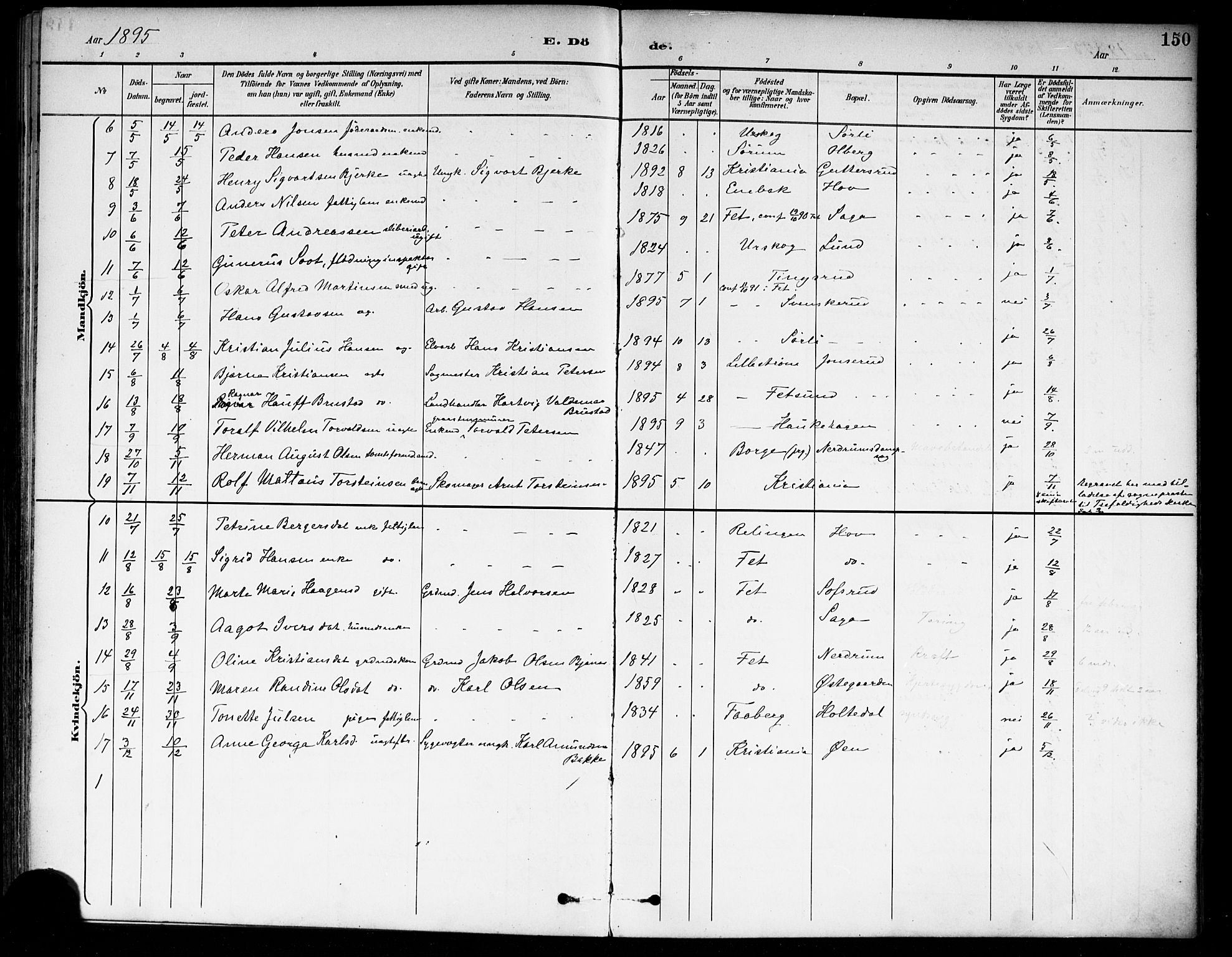 Fet prestekontor Kirkebøker, AV/SAO-A-10370a/F/Fa/L0015: Parish register (official) no. I 15, 1892-1904, p. 150