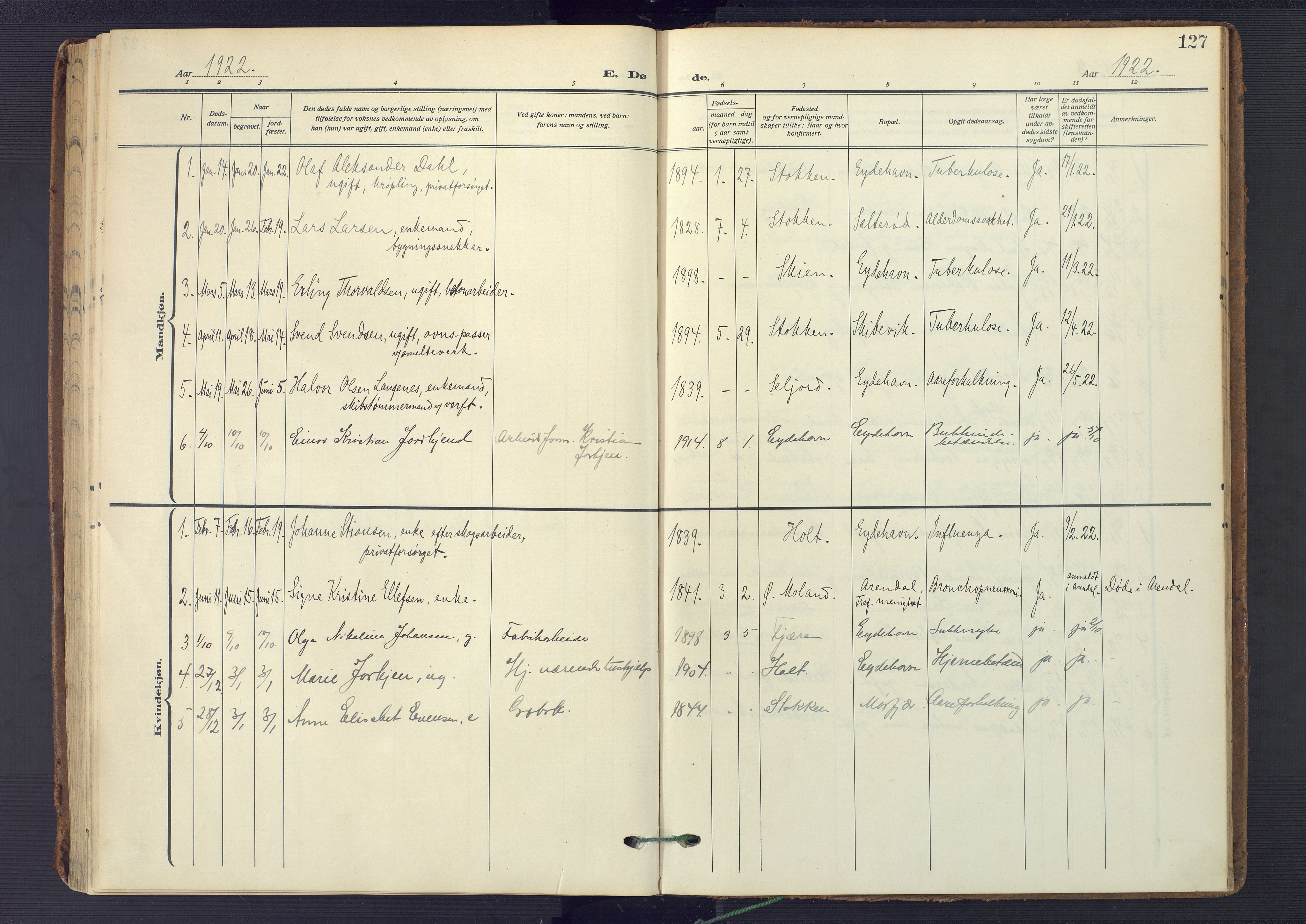 Austre Moland sokneprestkontor, SAK/1111-0001/F/Fa/Fab/L0003: Parish register (official) no. A 3, 1914-1927, p. 127