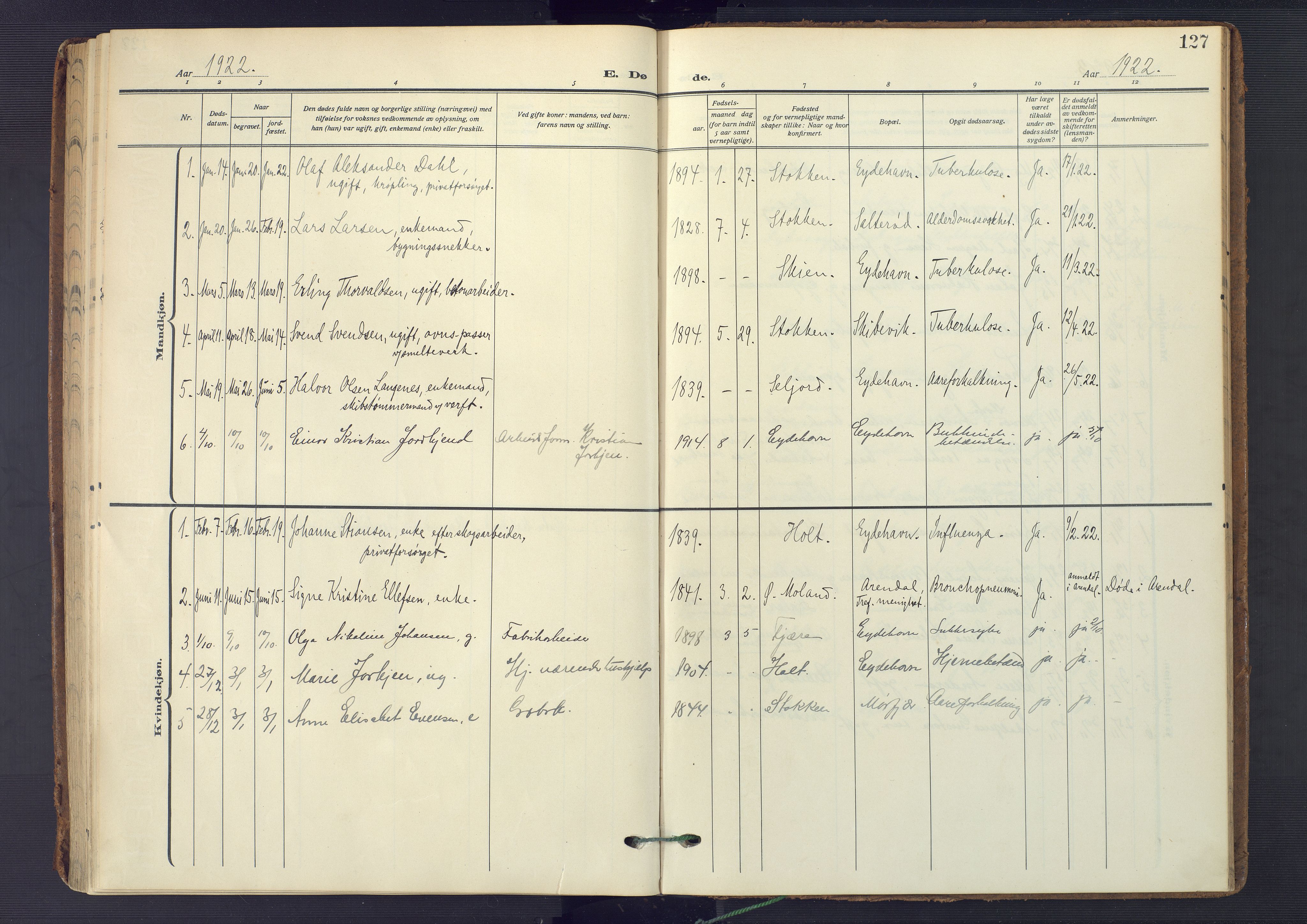 Austre Moland sokneprestkontor, AV/SAK-1111-0001/F/Fa/Fab/L0003: Parish register (official) no. A 3, 1914-1927, p. 127