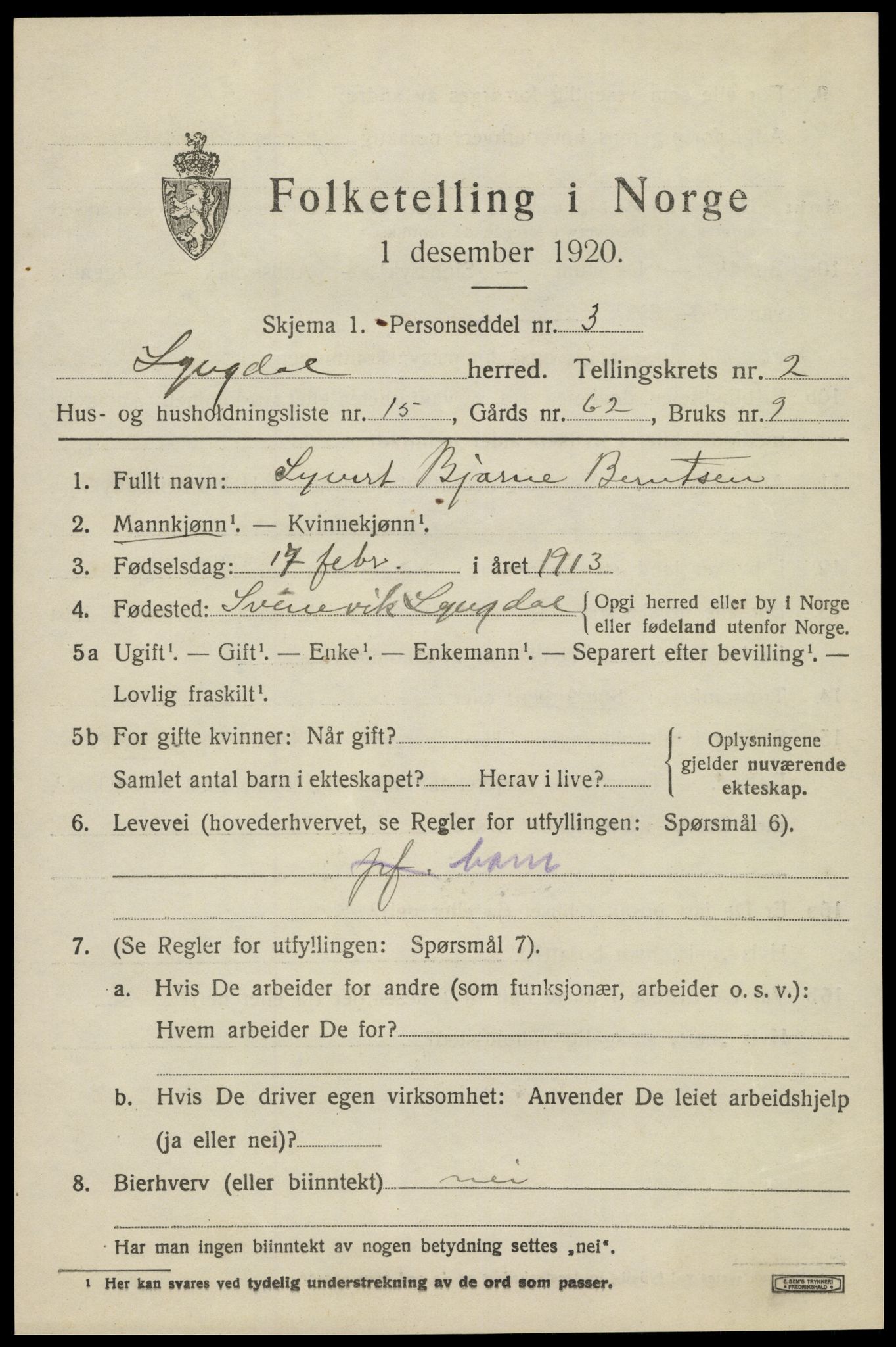 SAK, 1920 census for Lyngdal, 1920, p. 1711