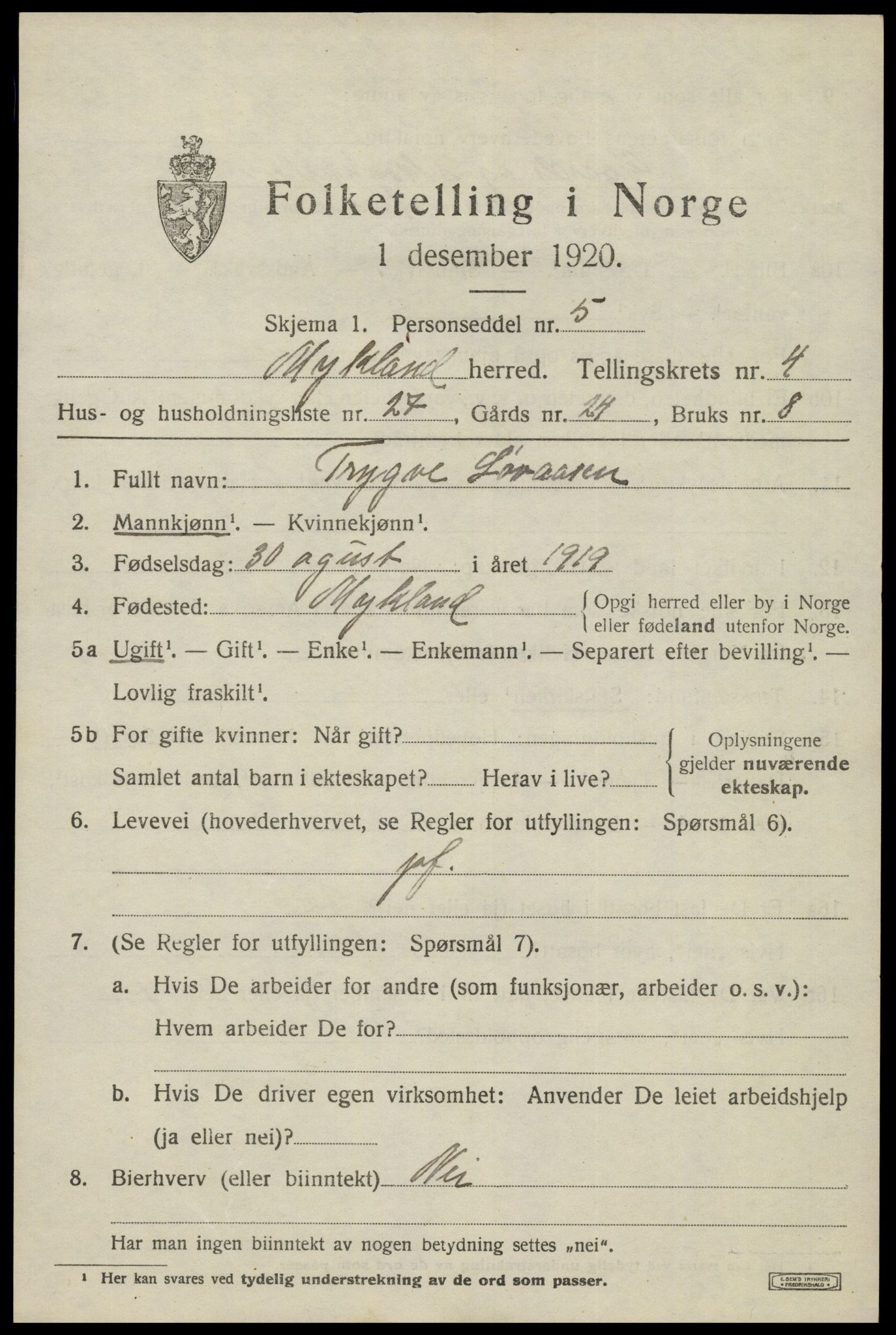 SAK, 1920 census for Mykland, 1920, p. 1662