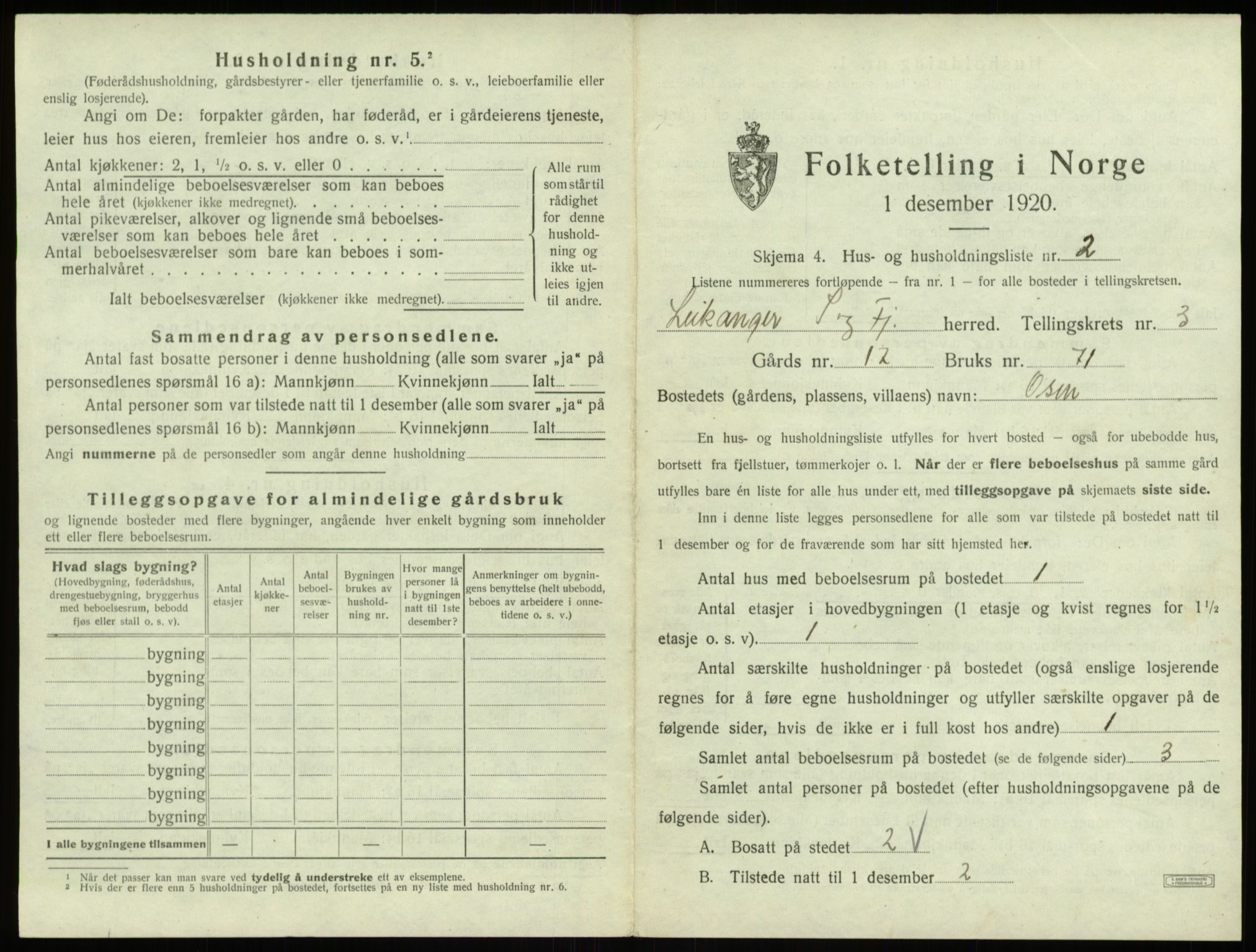 SAB, 1920 census for Leikanger, 1920, p. 280