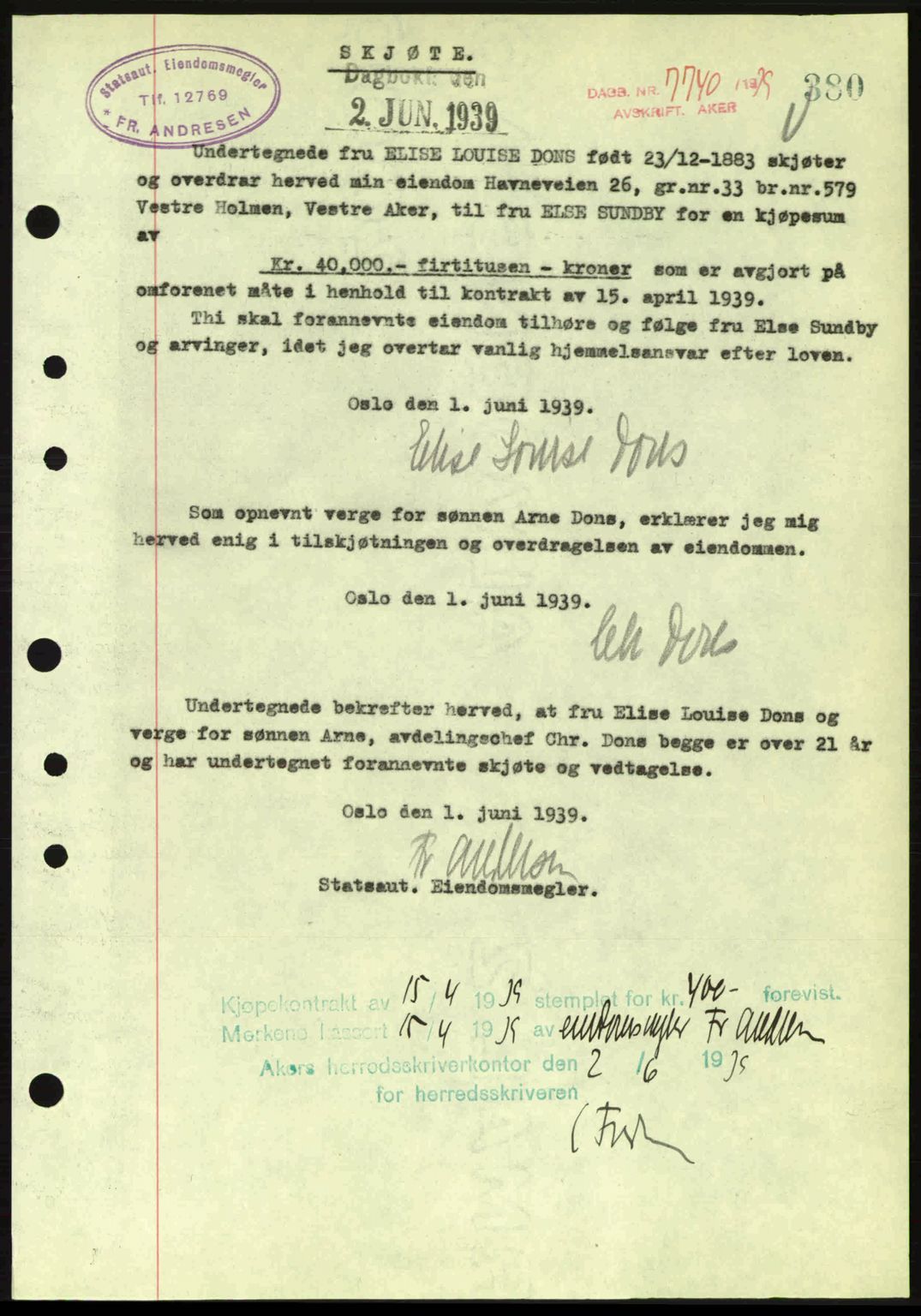 Aker herredsskriveri, SAO/A-10896/G/Gb/Gba/Gbab/L0032: Mortgage book no. A160-161, 1939-1939, Diary no: : 7740/1939