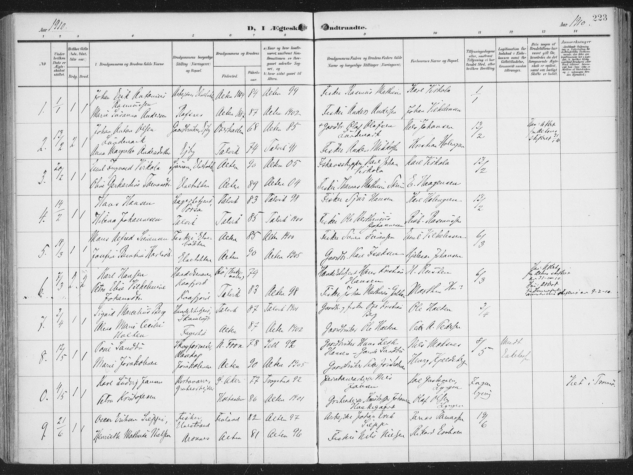 Alta sokneprestkontor, SATØ/S-1338/H/Ha/L0005.kirke: Parish register (official) no. 5, 1904-1918, p. 223