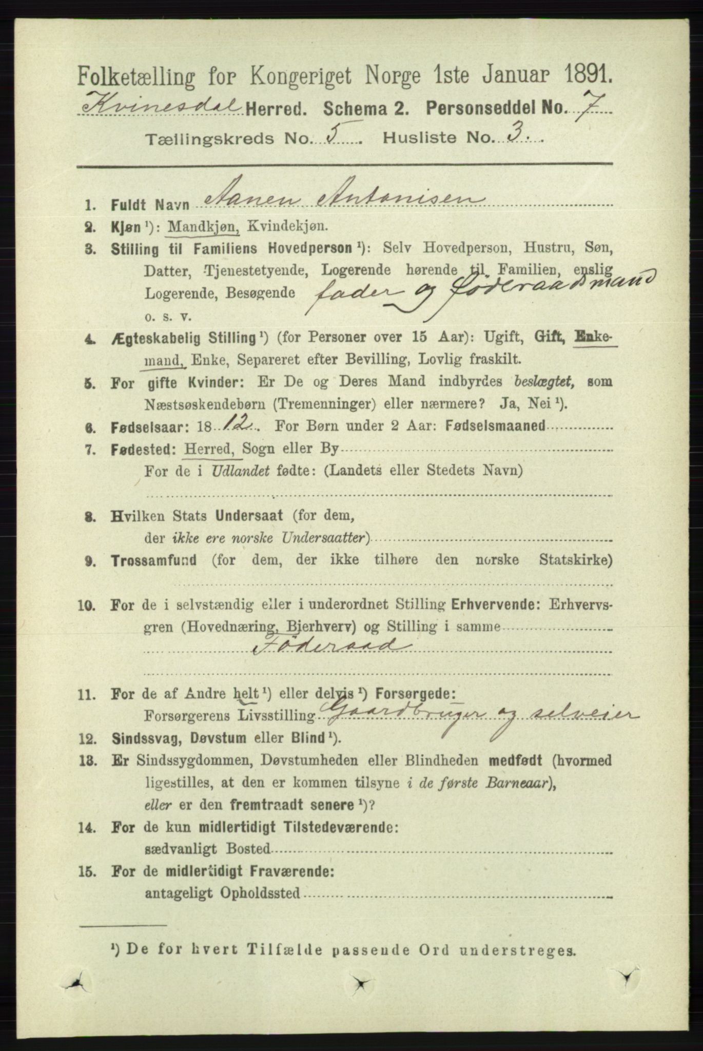 RA, 1891 census for 1037 Kvinesdal, 1891, p. 1718