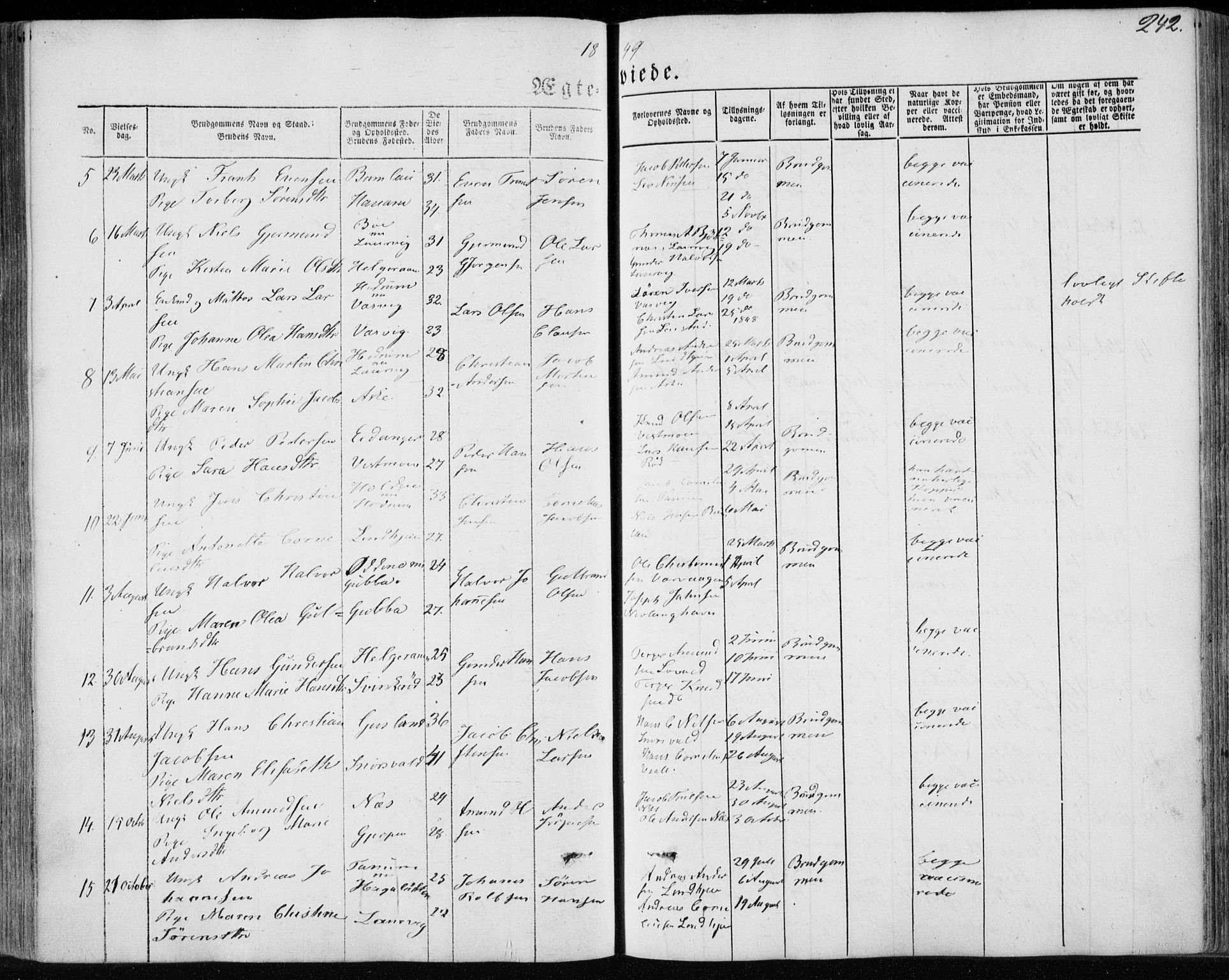 Brunlanes kirkebøker, SAKO/A-342/F/Fa/L0004: Parish register (official) no. I 4, 1846-1862, p. 242