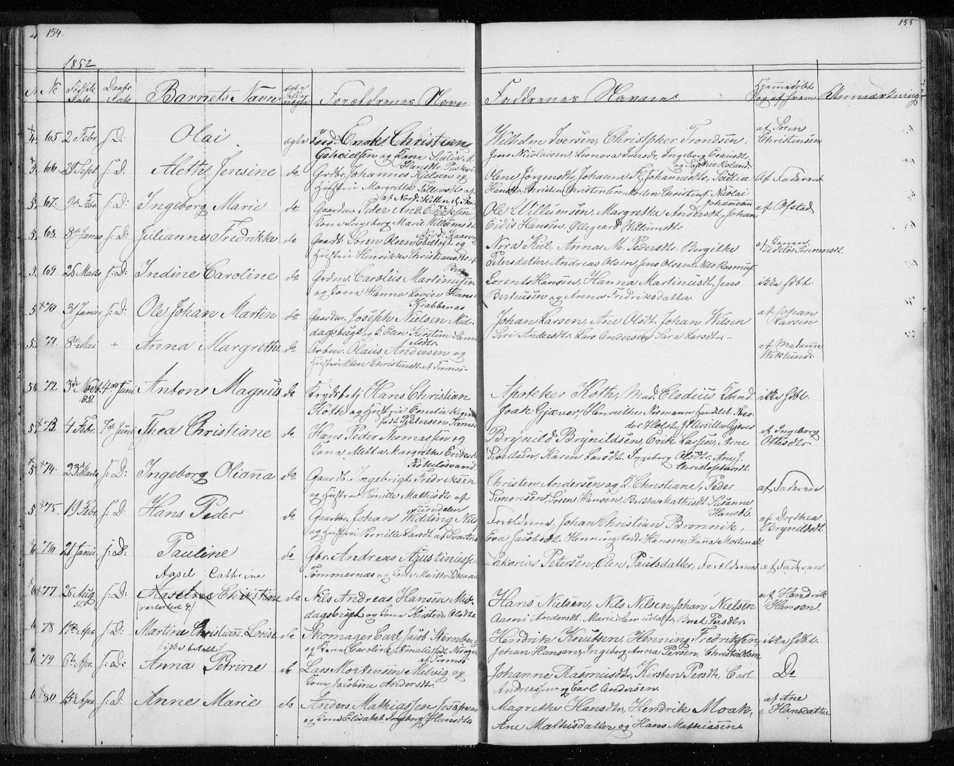 Tromsø sokneprestkontor/stiftsprosti/domprosti, SATØ/S-1343/G/Gb/L0005klokker: Parish register (copy) no. 5, 1846-1857, p. 154-155