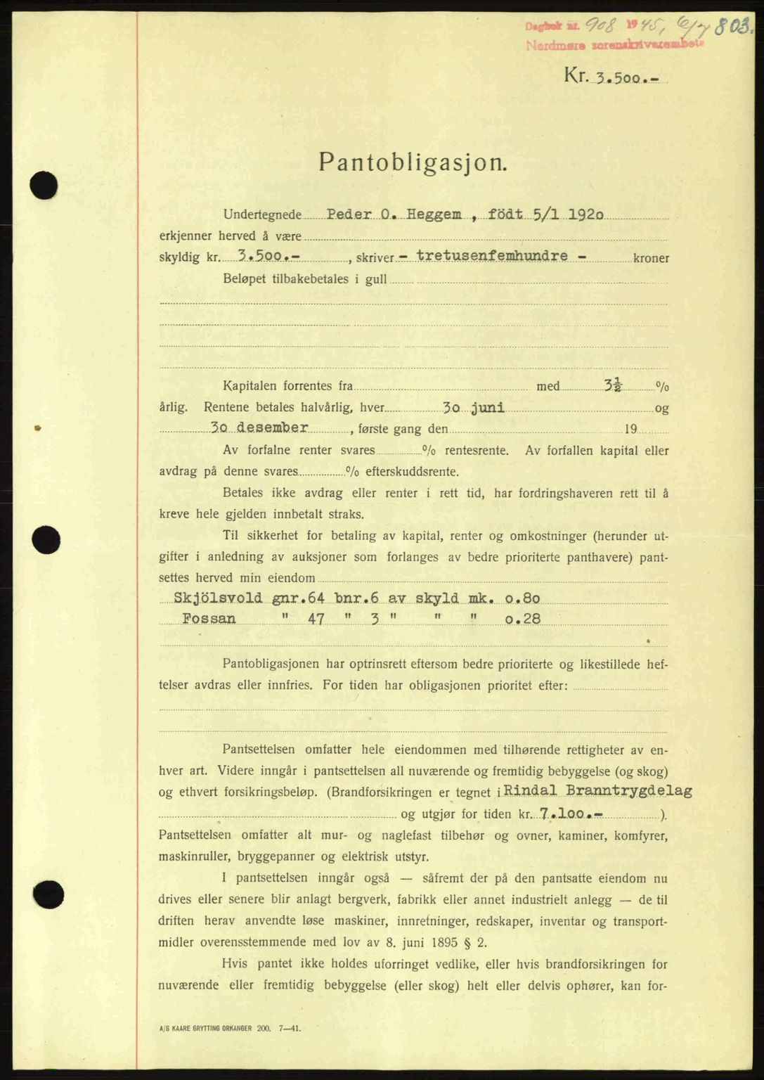 Nordmøre sorenskriveri, AV/SAT-A-4132/1/2/2Ca: Mortgage book no. B92, 1944-1945, Diary no: : 908/1945