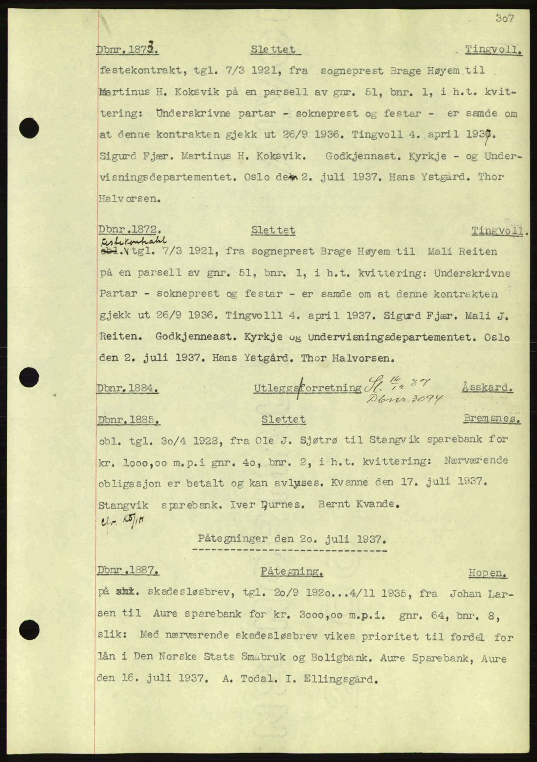 Nordmøre sorenskriveri, AV/SAT-A-4132/1/2/2Ca: Mortgage book no. C80, 1936-1939, Diary no: : 1873/1937