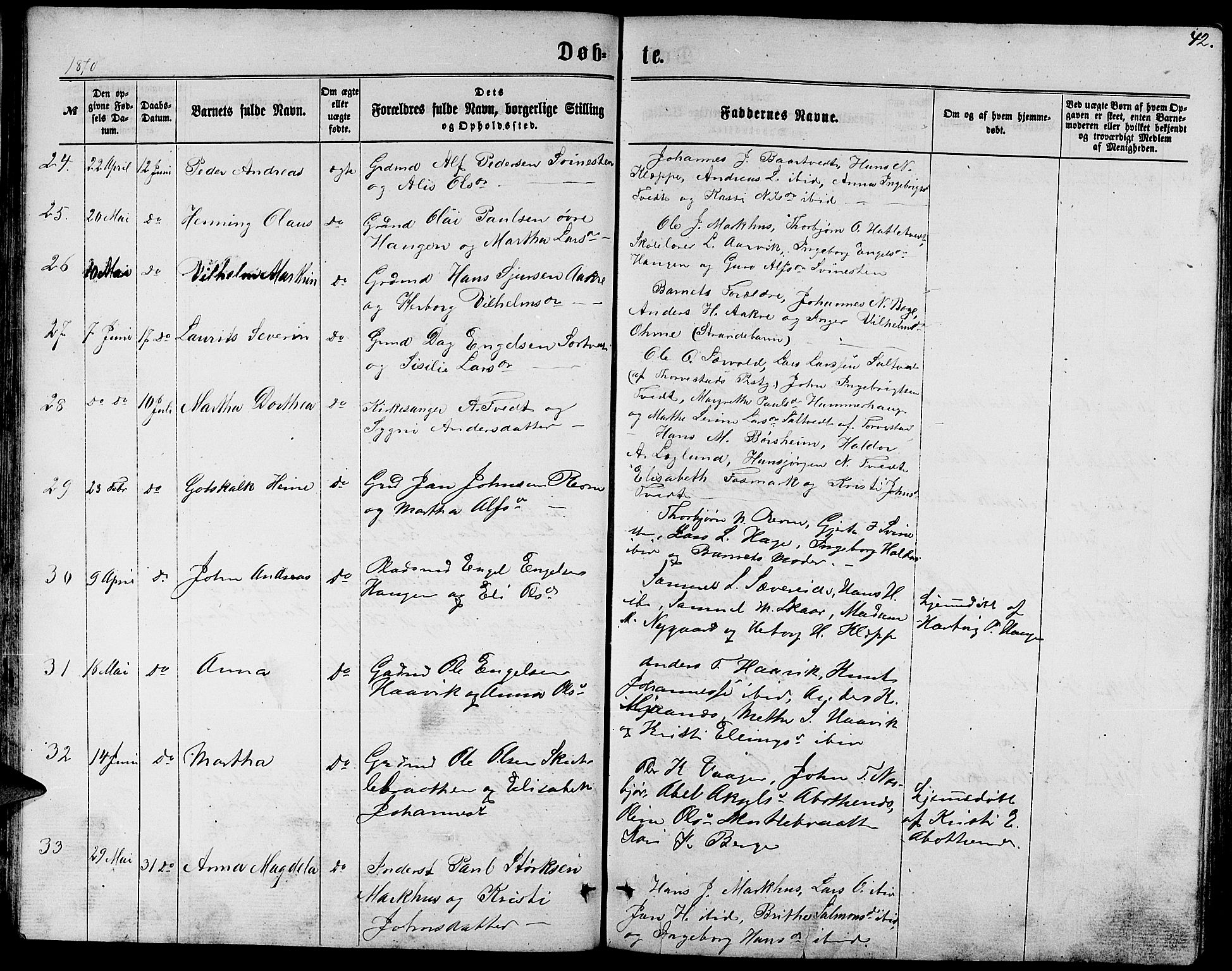 Fusa sokneprestembete, SAB/A-75401/H/Hab: Parish register (copy) no. C 1, 1861-1885, p. 42
