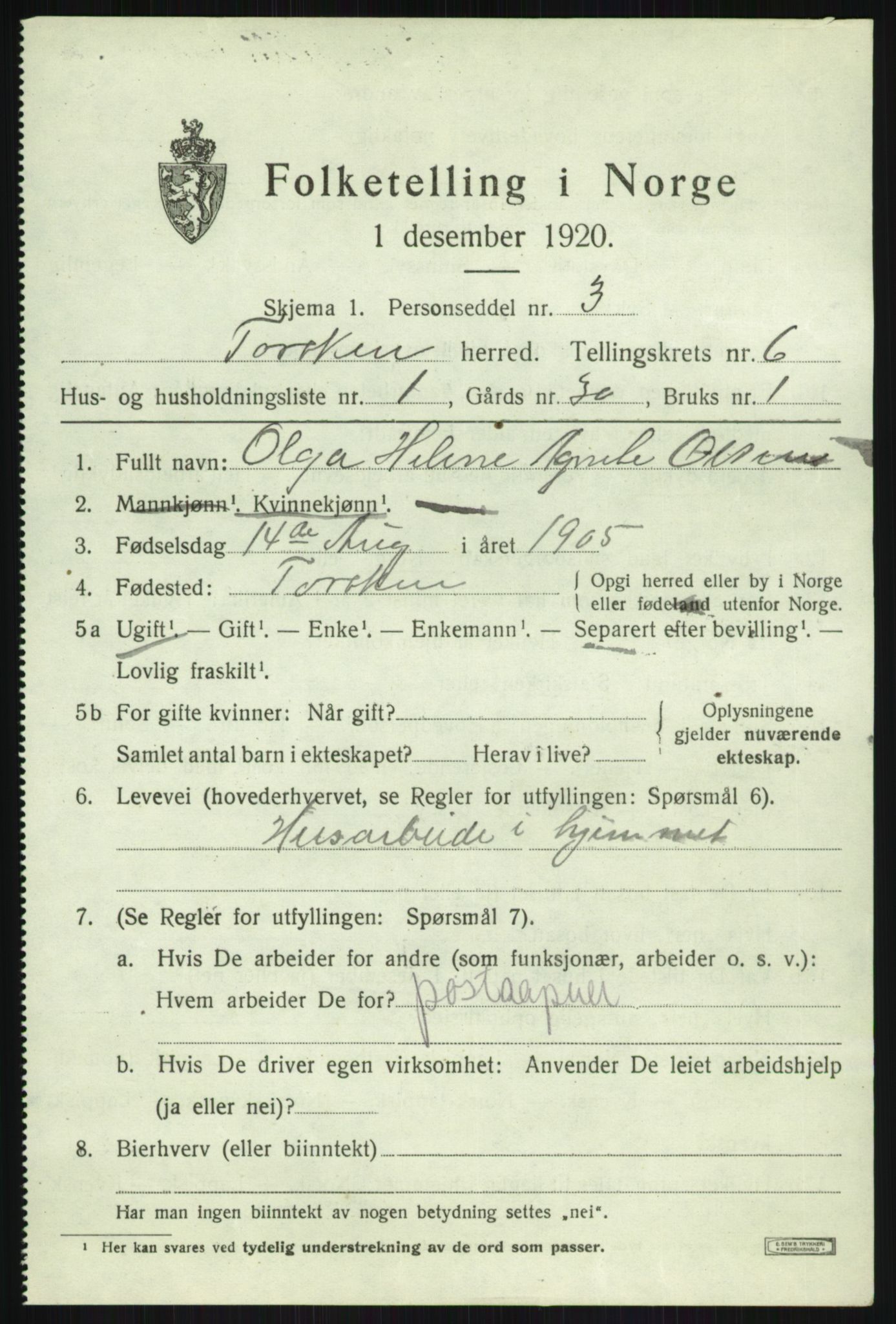 SATØ, 1920 census for Torsken, 1920, p. 2383