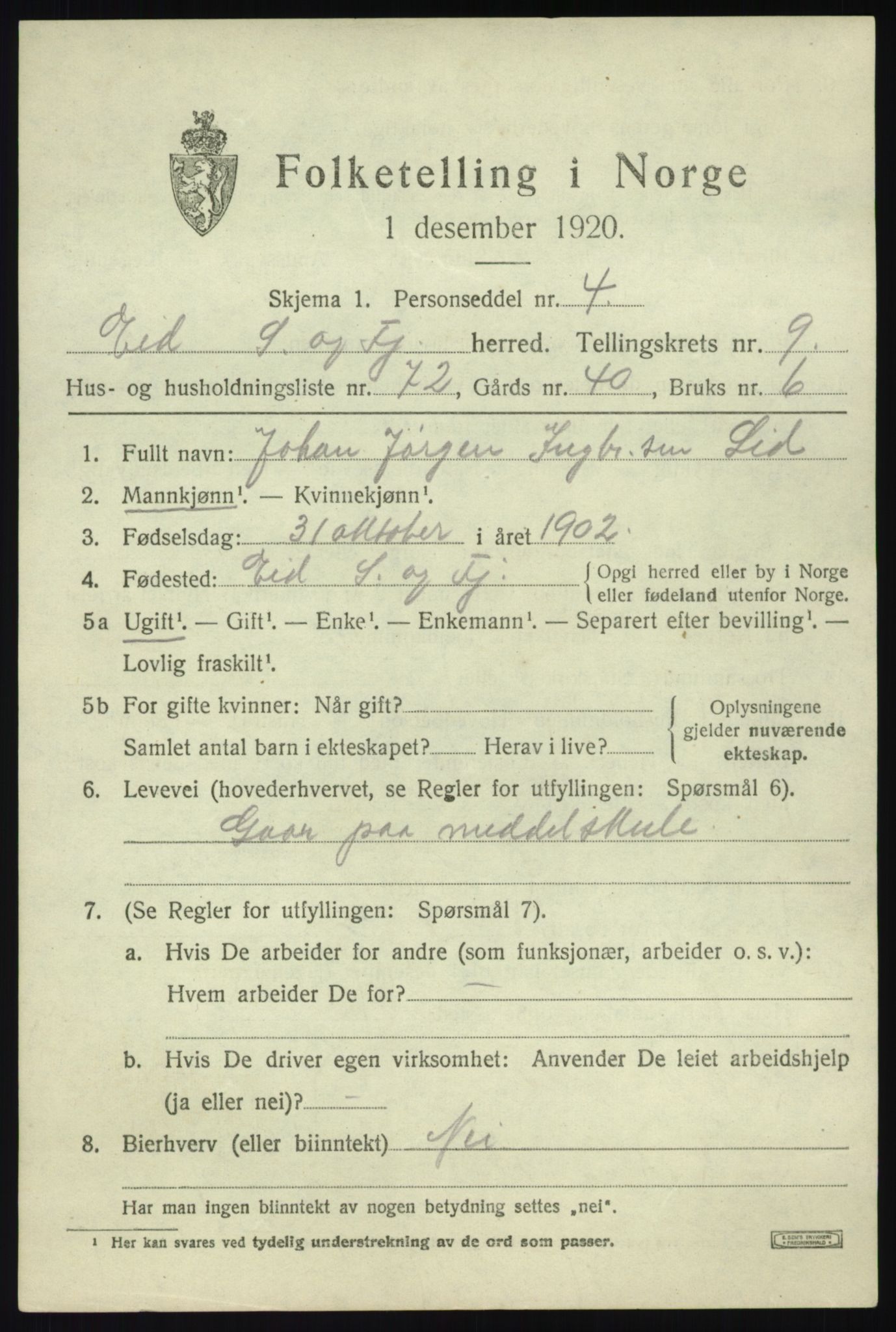 SAB, 1920 census for Eid, 1920, p. 4988