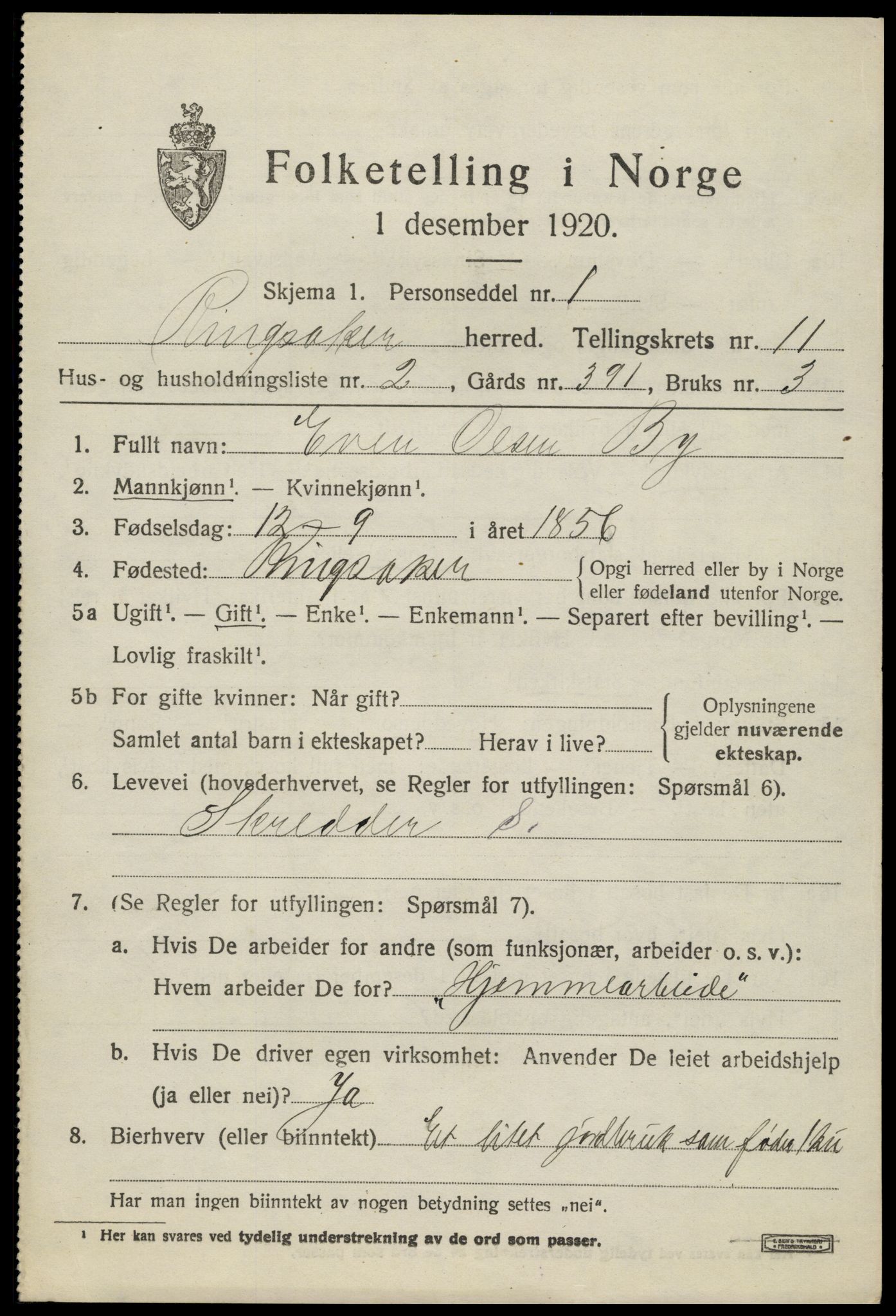 SAH, 1920 census for Ringsaker, 1920, p. 18330