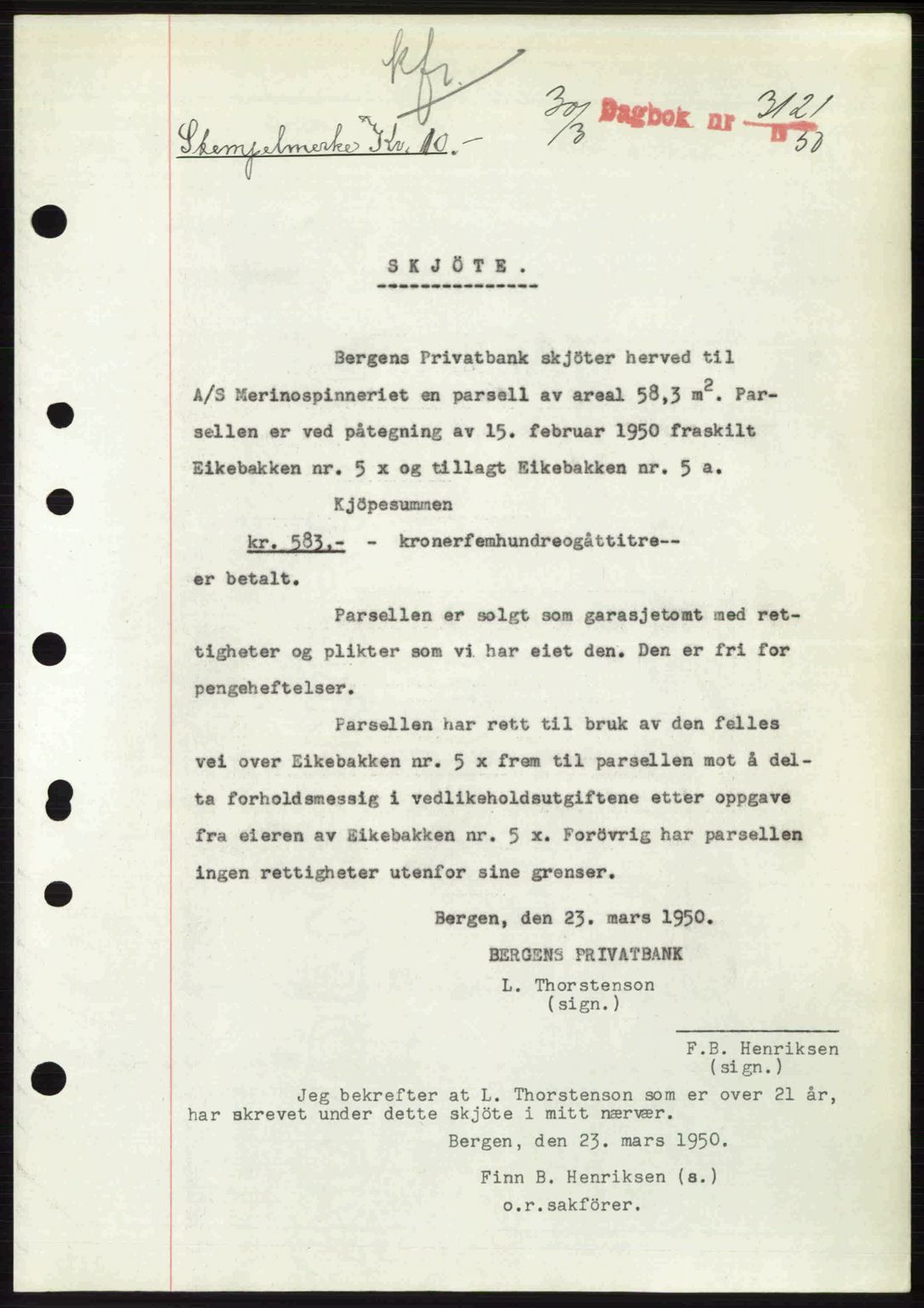 Byfogd og Byskriver i Bergen, AV/SAB-A-3401/03/03Bc/L0032: Mortgage book no. A26, 1950-1950, Diary no: : 3121/1950