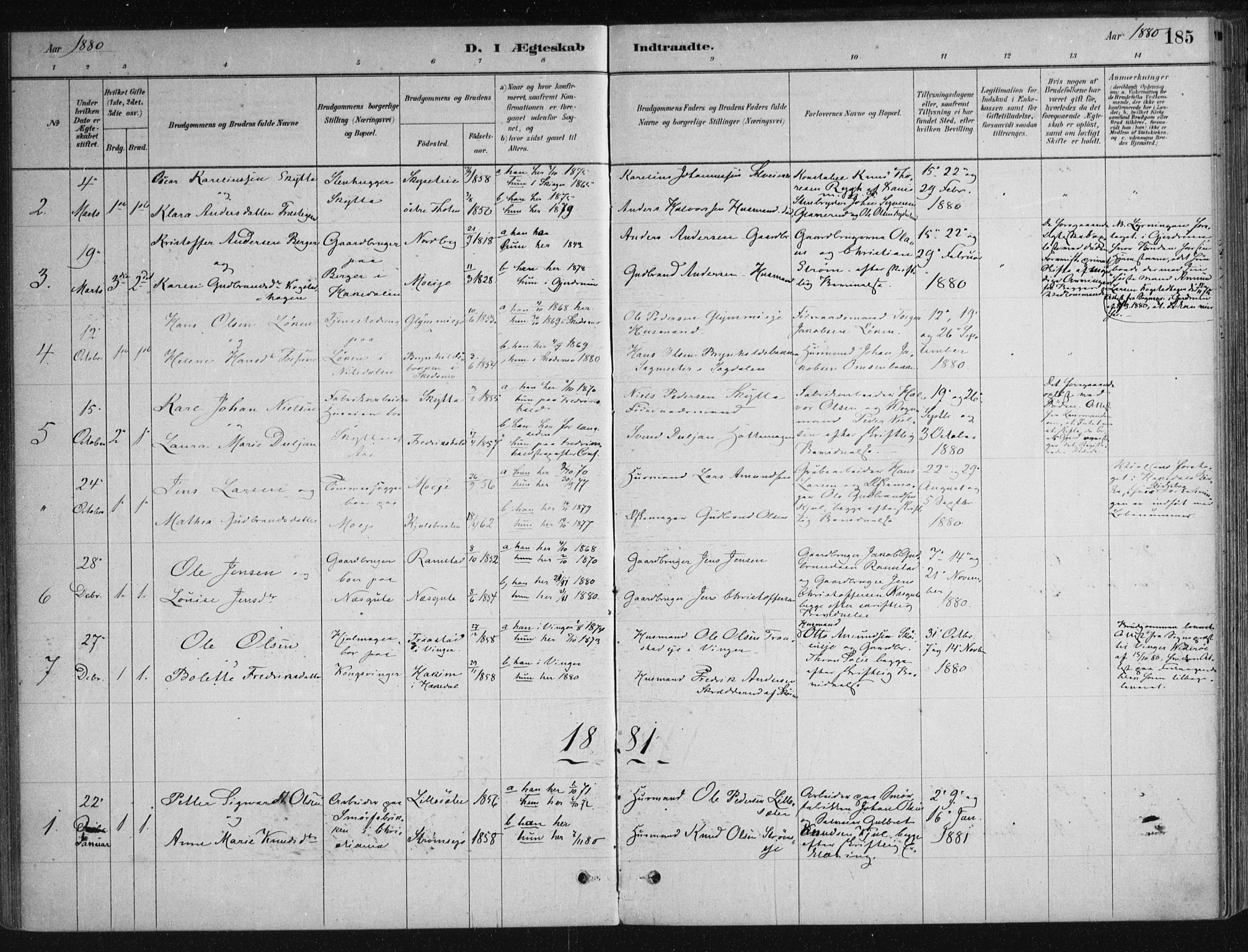 Nittedal prestekontor Kirkebøker, SAO/A-10365a/F/Fa/L0007: Parish register (official) no. I 7, 1879-1901, p. 185