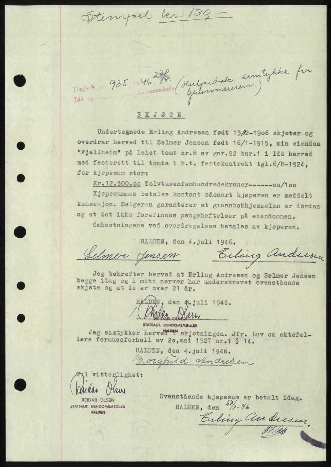 Idd og Marker sorenskriveri, AV/SAO-A-10283/G/Gb/Gbb/L0008: Mortgage book no. A8, 1946-1946, Diary no: : 935/1946