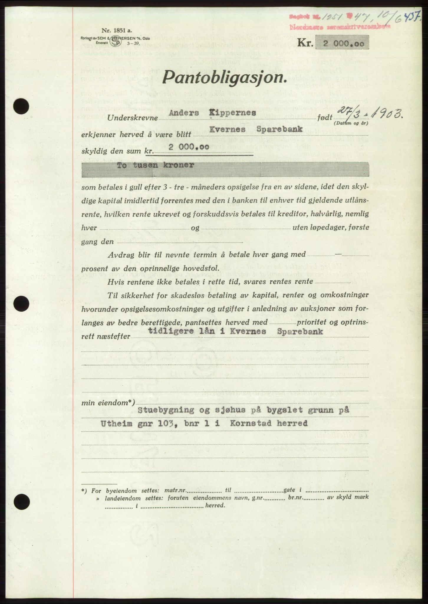 Nordmøre sorenskriveri, AV/SAT-A-4132/1/2/2Ca: Mortgage book no. B96, 1947-1947, Diary no: : 1251/1947