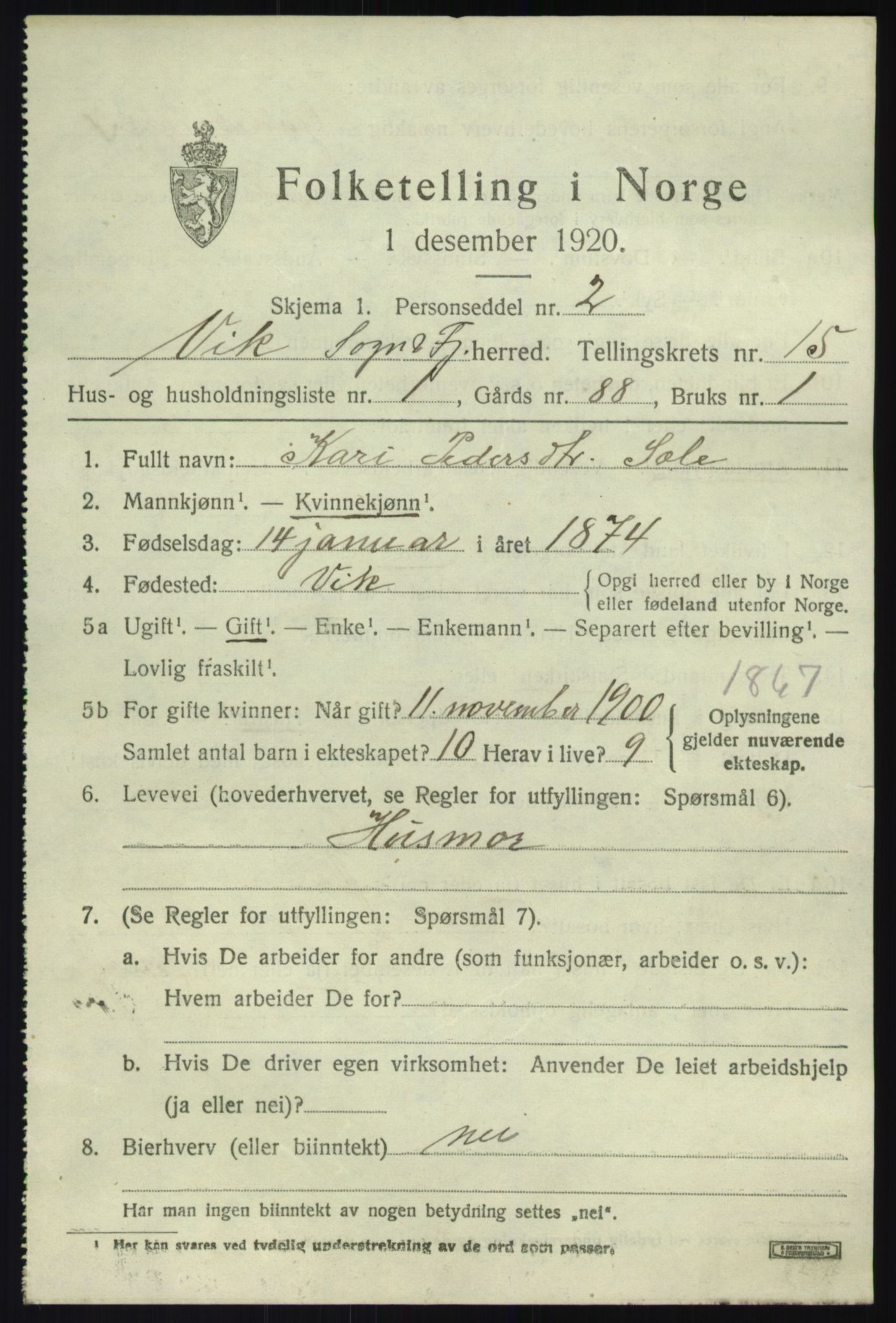 SAB, 1920 census for Vik, 1920, p. 7723