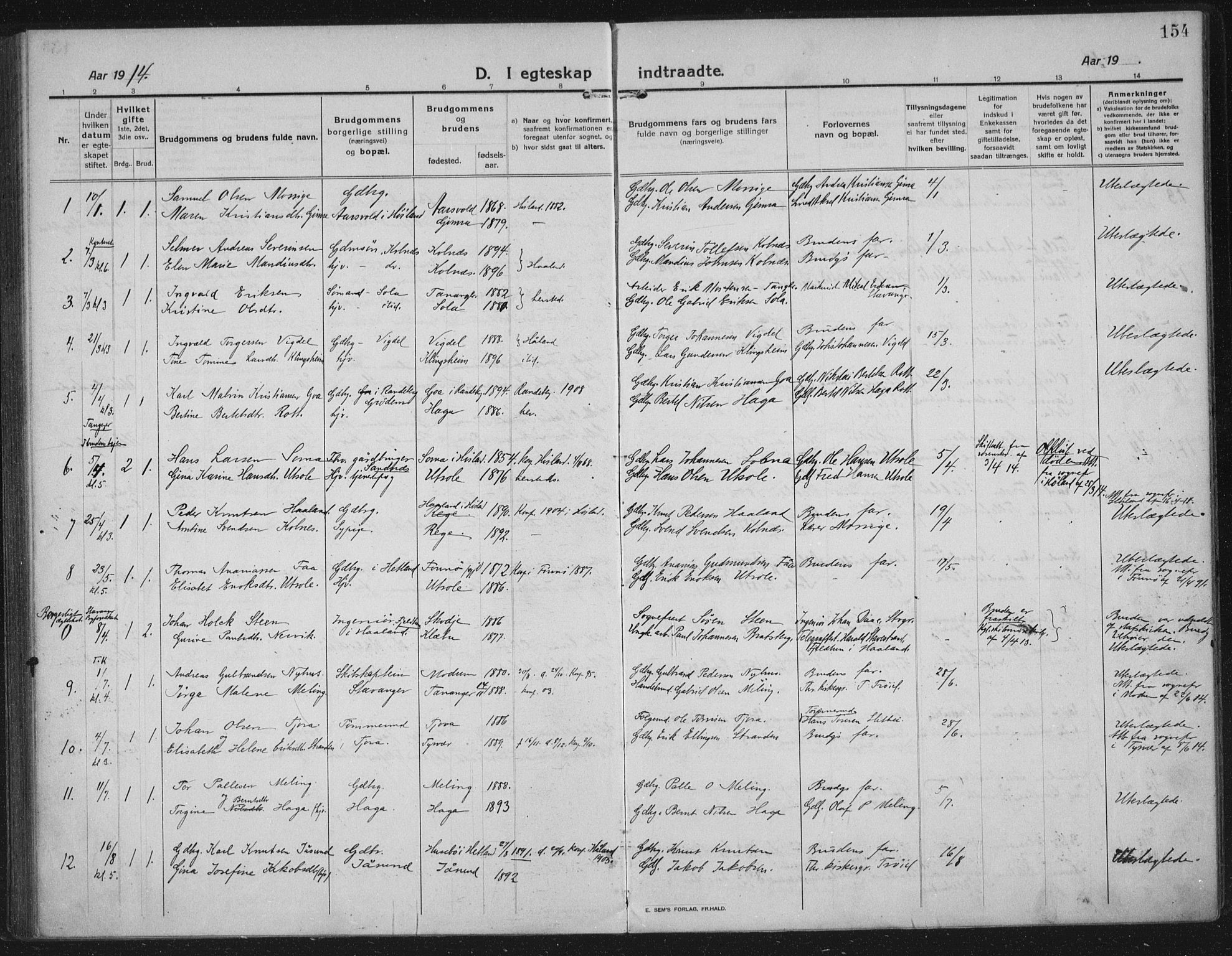 Håland sokneprestkontor, AV/SAST-A-101802/002/C/L0001: Parish register (official) no. A 14, 1913-1927, p. 154