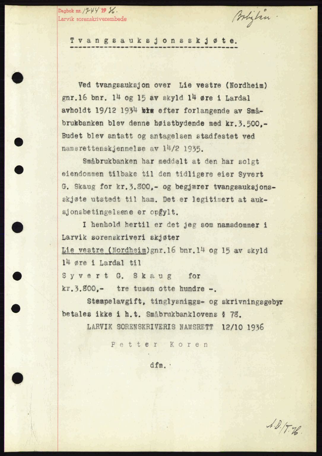 Larvik sorenskriveri, SAKO/A-83/G/Ga/Gab/L0067: Mortgage book no. A-1, 1936-1937, Diary no: : 1744/1936