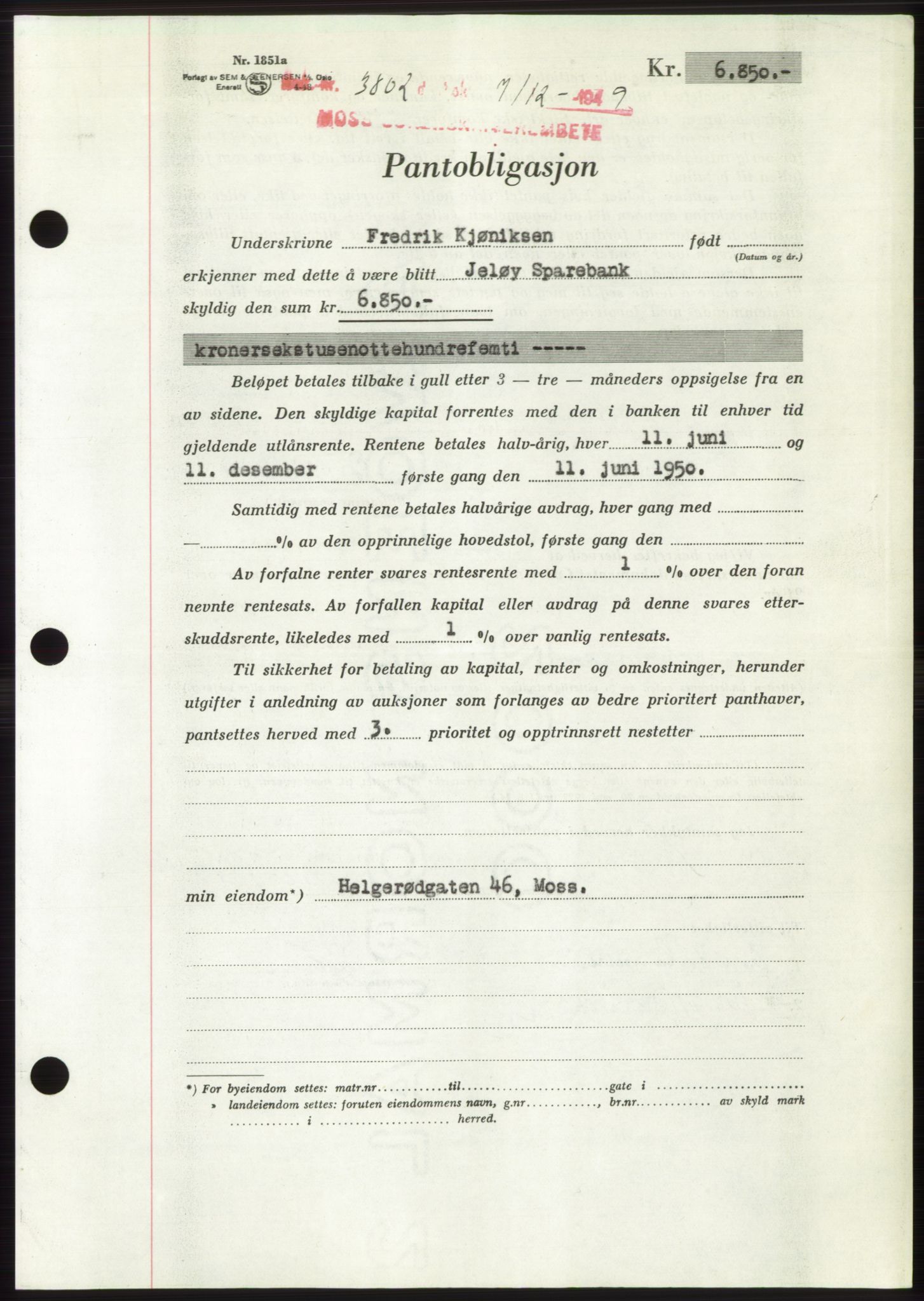 Moss sorenskriveri, SAO/A-10168: Mortgage book no. B23, 1949-1950, Diary no: : 3802/1949