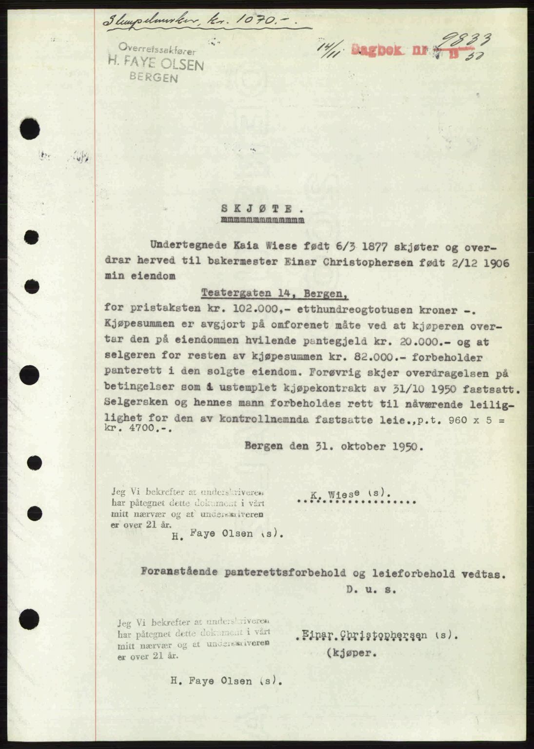 Byfogd og Byskriver i Bergen, SAB/A-3401/03/03Bc/L0034: Mortgage book no. A27-28, 1950-1950, Diary no: : 9833/1950