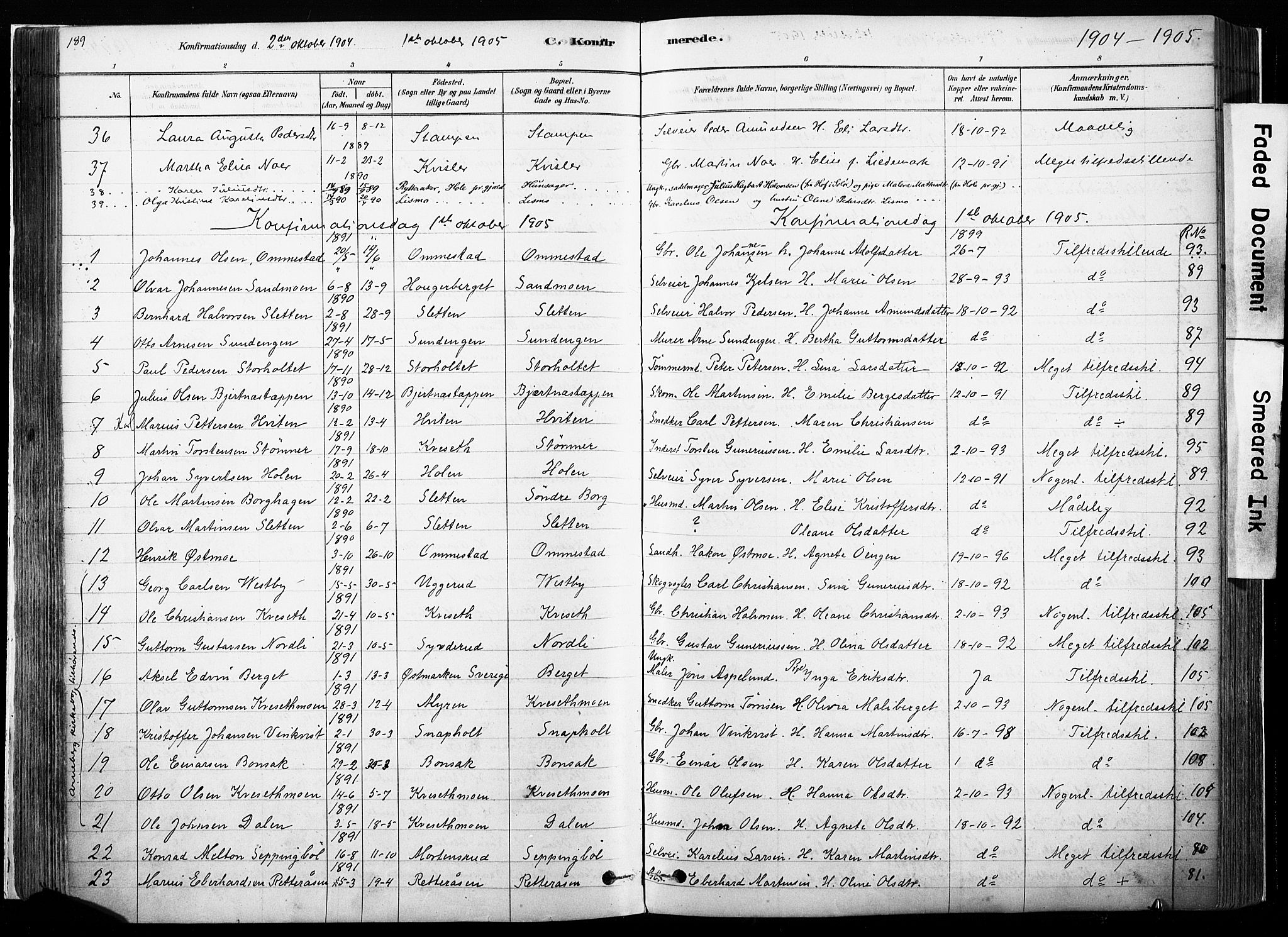 Hof prestekontor, SAH/PREST-038/H/Ha/Haa/L0010: Parish register (official) no. 10, 1878-1909, p. 189
