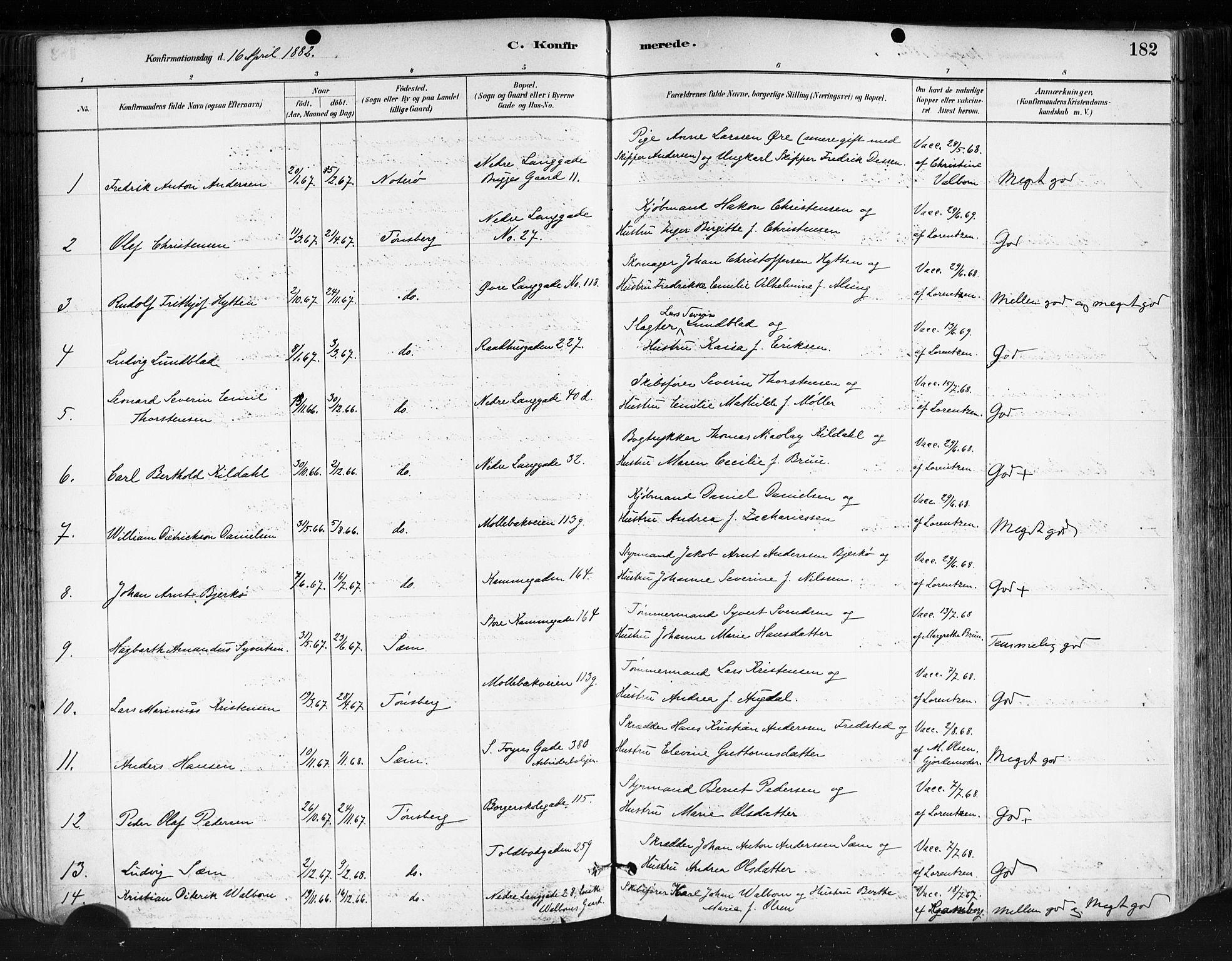Tønsberg kirkebøker, SAKO/A-330/F/Fa/L0011: Parish register (official) no. I 11, 1881-1890, p. 182