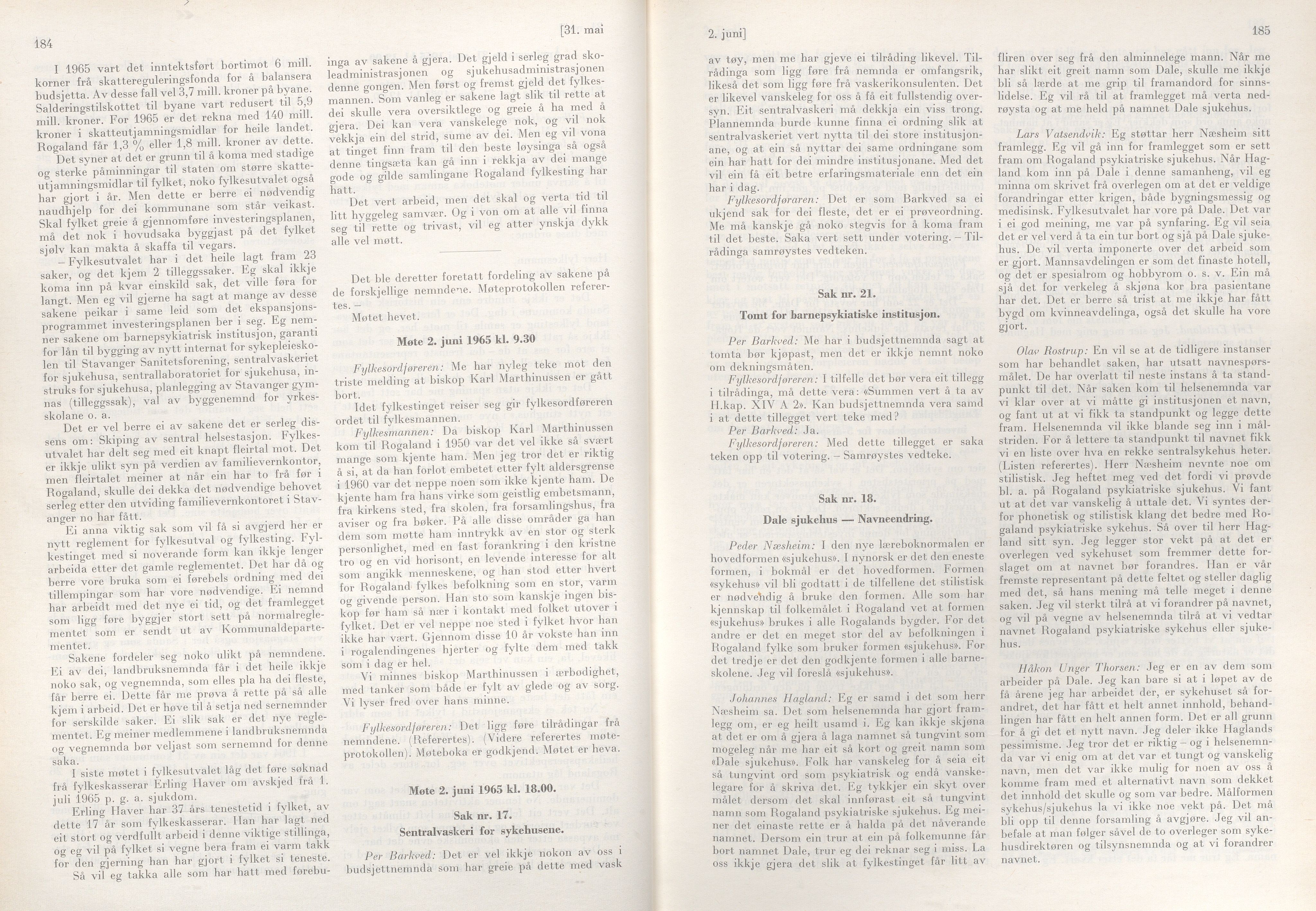 Rogaland fylkeskommune - Fylkesrådmannen , IKAR/A-900/A/Aa/Aaa/L0085: Møtebok , 1965, p. 184-185
