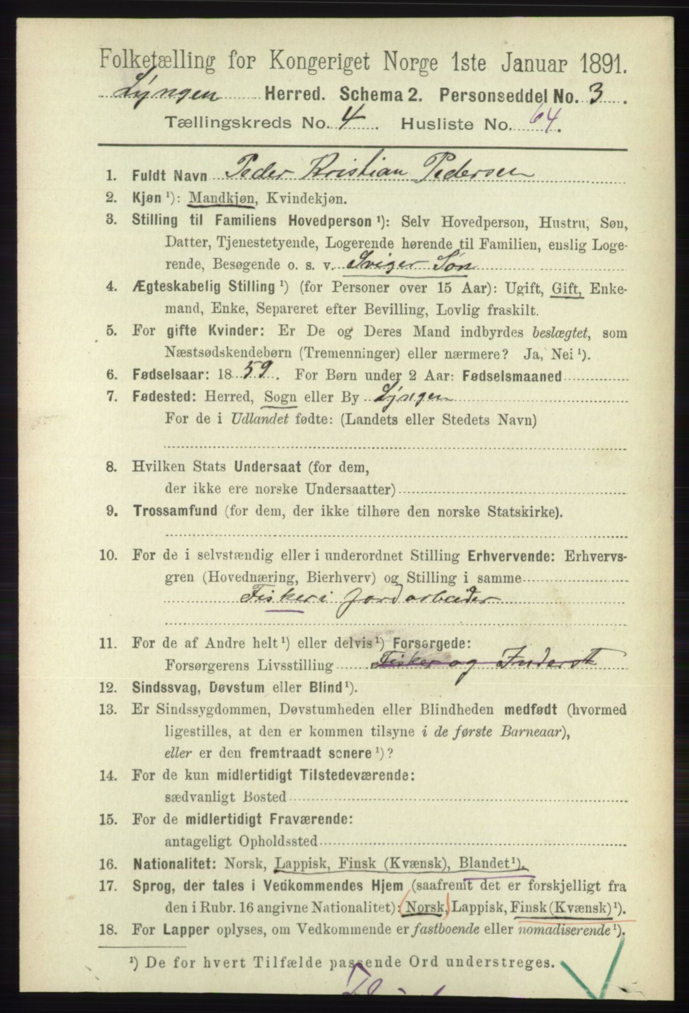 RA, 1891 census for 1938 Lyngen, 1891, p. 4181