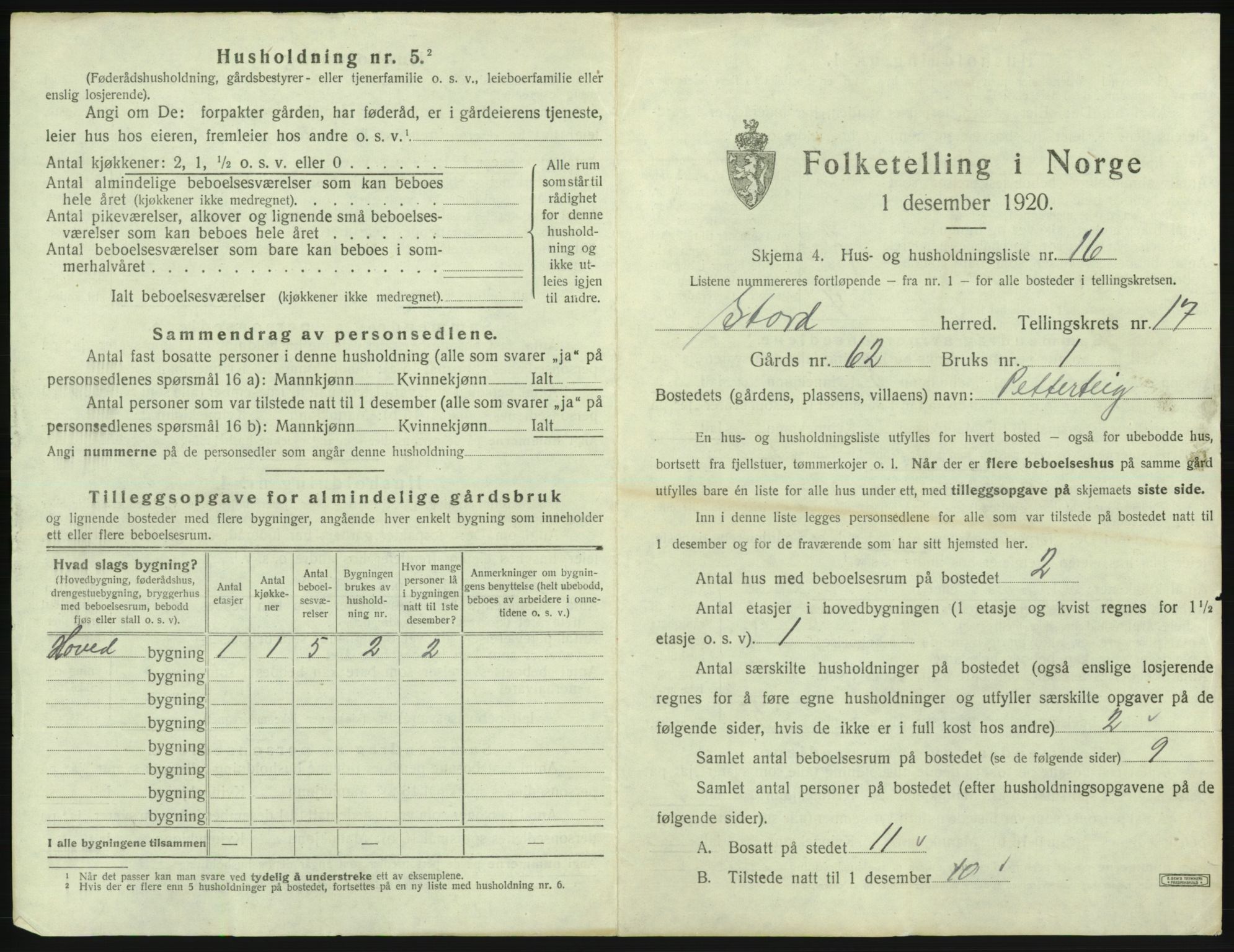 SAB, 1920 census for Stord, 1920, p. 1225