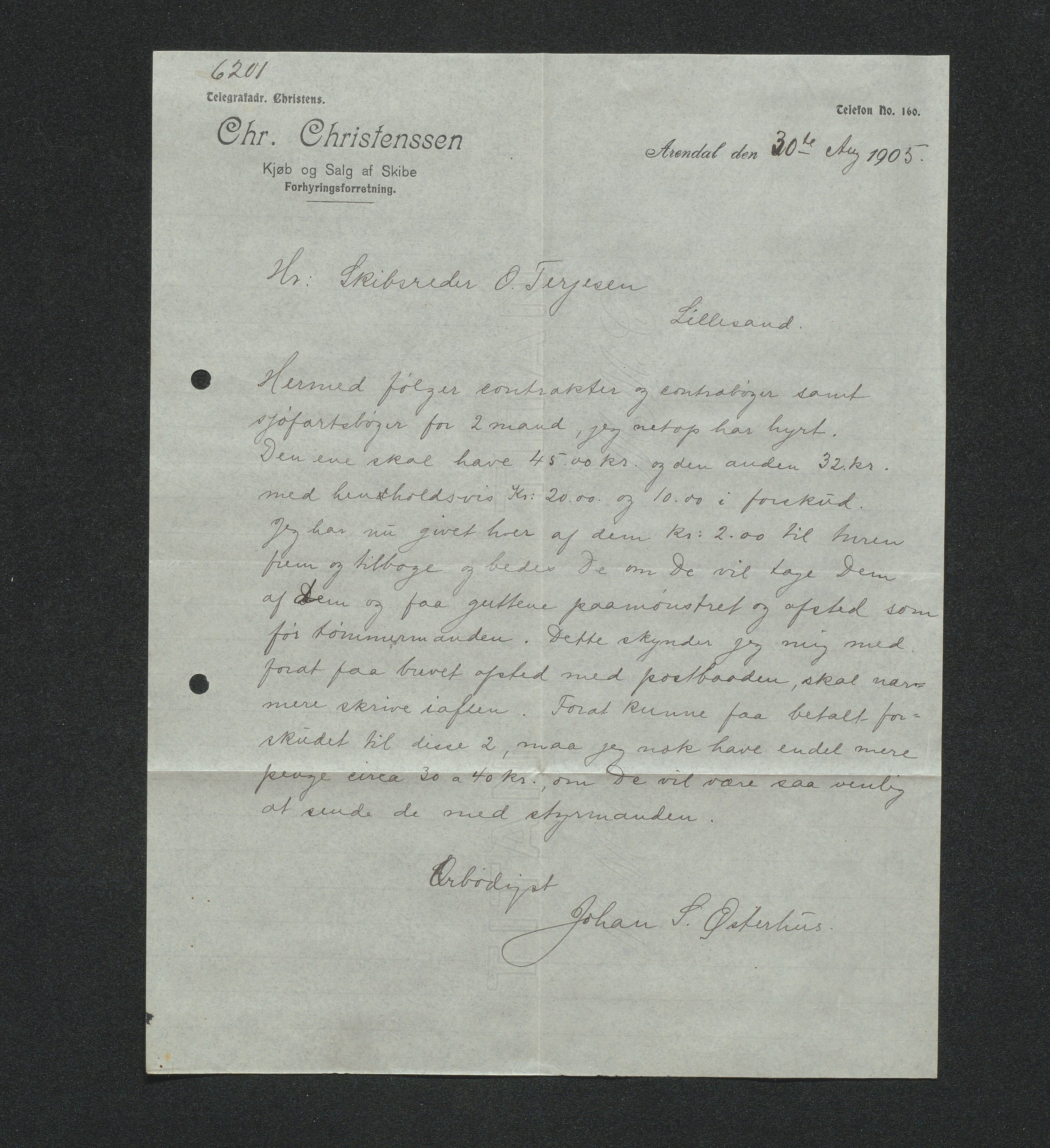 O. Terjesens rederi, AAKS/PA-2525/E/E01/L0013: Korrespondanse, 1904-1905
