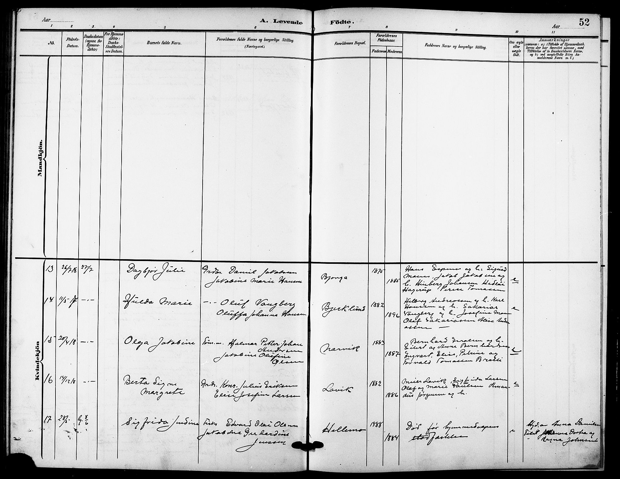 Tranøy sokneprestkontor, AV/SATØ-S-1313/I/Ia/Iab/L0005klokker: Parish register (copy) no. 5, 1902-1919, p. 52